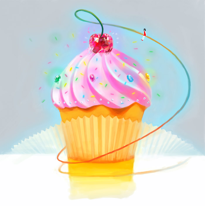 original, commentary request, 1girl, black hair, cherry, cupcake, dress, food, food focus, fruit, grey background, nuq, red dress, solo, sprinkles