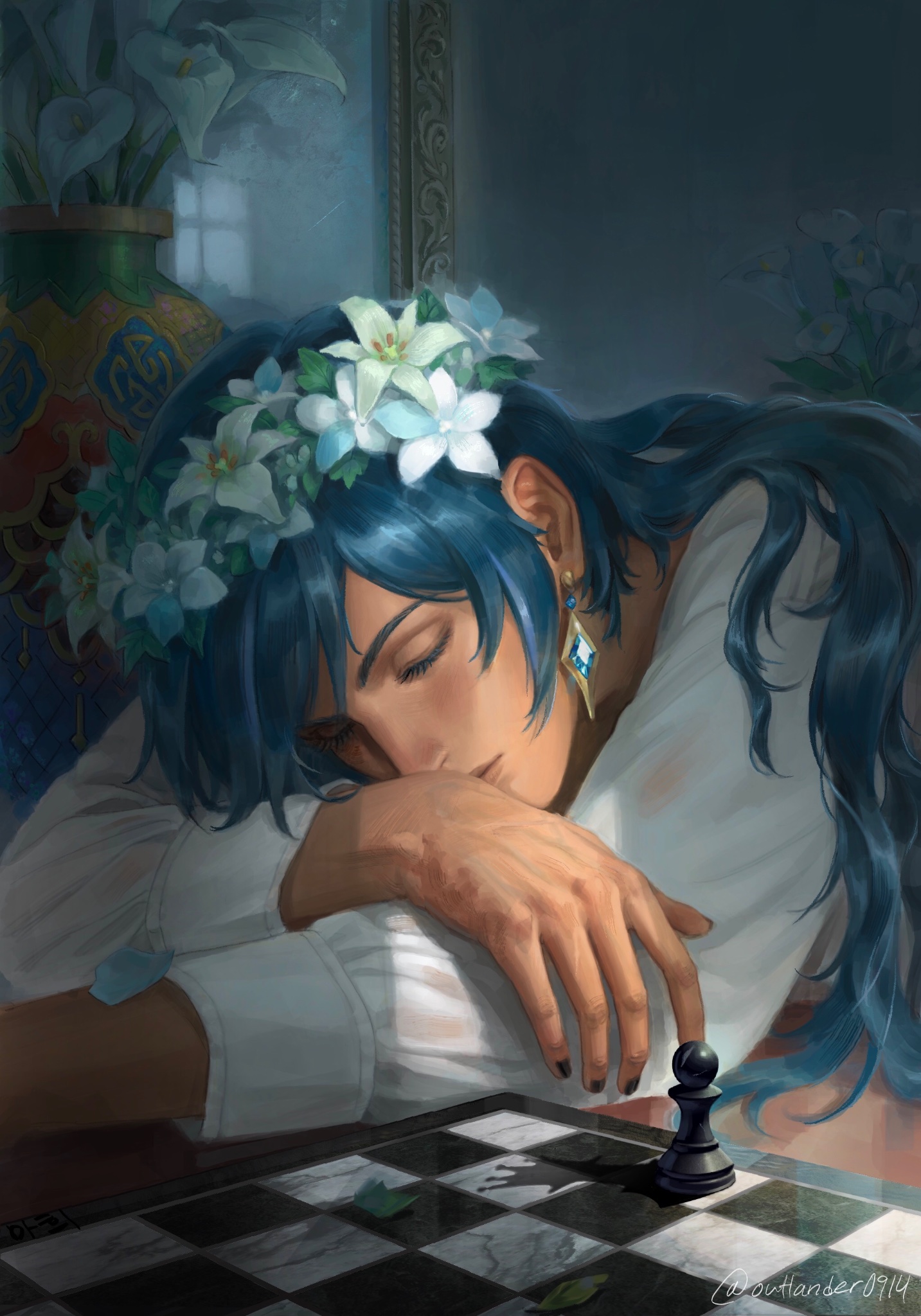 kaeya (genshin impact), genshin impact, commentary, english commentary, highres, 1boy, blue hair, chess piece, chessboard, closed eyes, closed mouth, dark-skinned male, dark skin, earrings, flower, flower wreath, hair behind ear, indoors, jewelry, long hair, long sleeves, male focus, mirror, nail polish, outlander0914, parted bangs, pawn (chess), piercing, plant, potted plant, shirt, sitting, sleeping, solo, white flower, white shirt