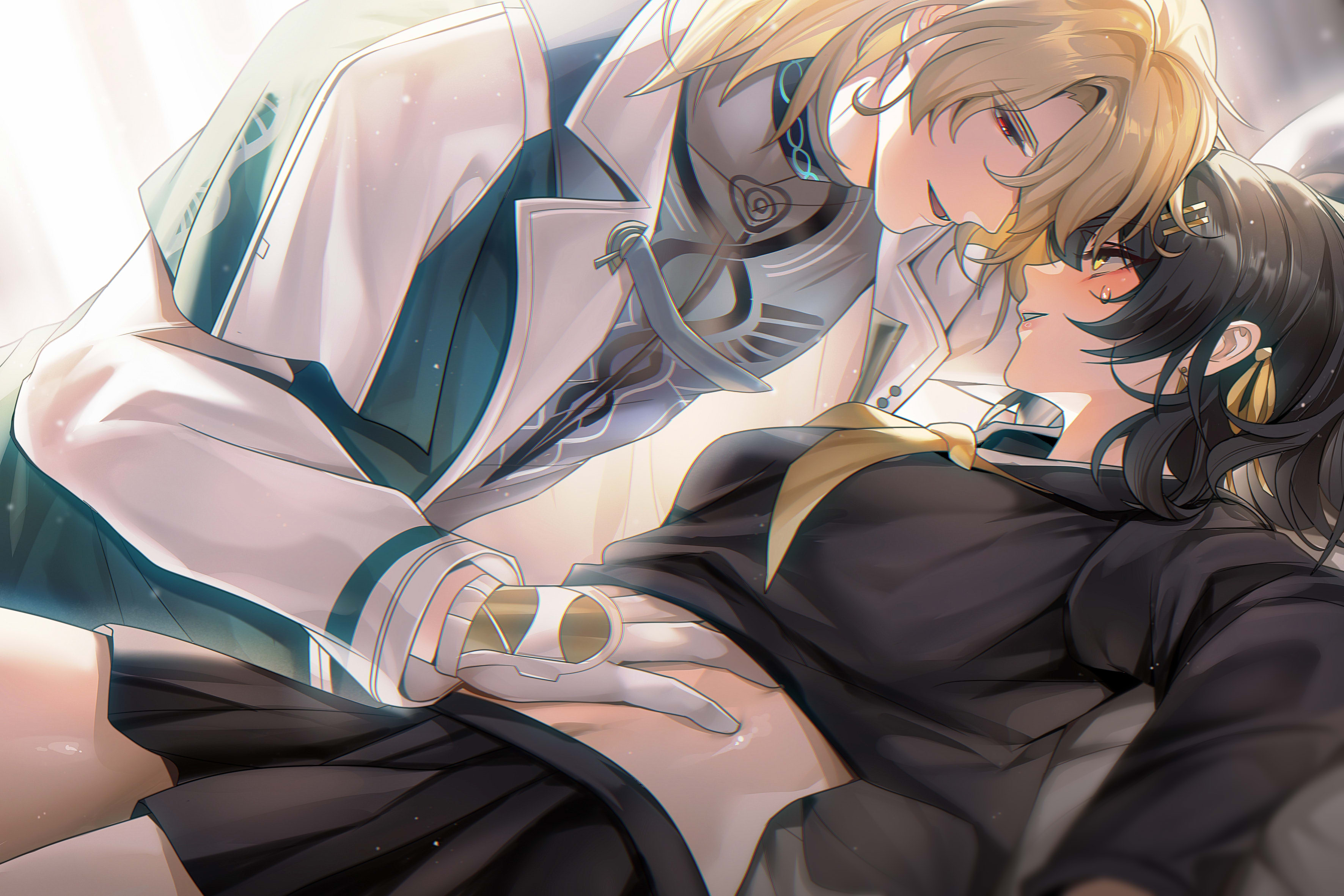 rourou (been), female rover (wuthering waves), luuk herssen (wuthering waves), rover (wuthering waves), wuthering waves, absurdres, highres, revision, 1boy, 1girl, alternate costume, aqua coat, black hair, black serafuku, black shirt, black skirt, blonde hair, blush, coat, eye contact, gloves, hair ornament, hair ribbon, hairclip, half-closed eyes, hand on own stomach, hetero, long hair, looking at another, lying, multicolored coat, neckerchief, on back, parallel hairclips, parted lips, red eyes, ribbon, school uniform, serafuku, shirt, skirt, smile, sweatdrop, two-tone coat, white coat, white gloves, yellow eyes, yellow neckerchief, yellow ribbon