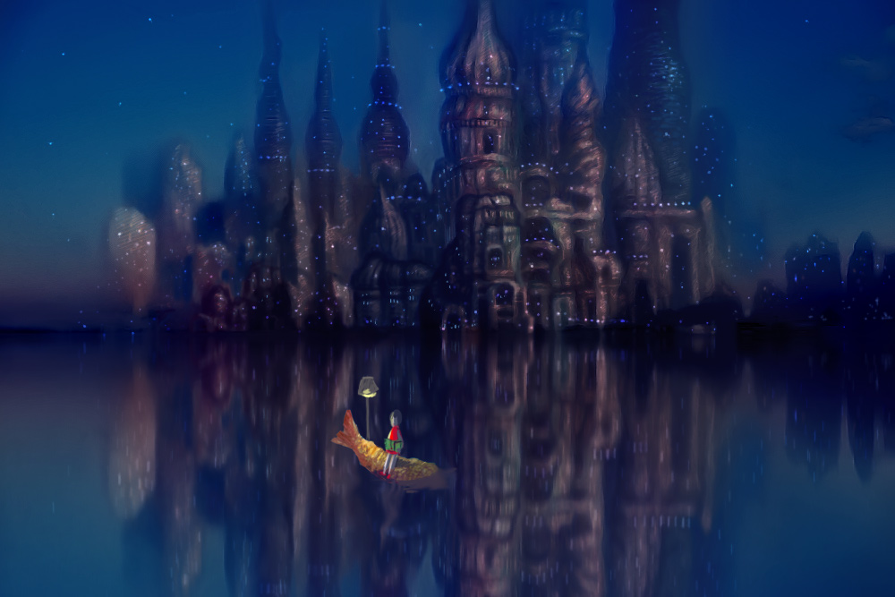 original, commentary request, 1girl, black hair, blue sky, castle, dress, food, full body, lamppost, minaret, nuq, ocean, outdoors, red dress, reflection, reflective liquid, scenery, short hair, shrimp, shrimp tempura, sky, solo, star (sky), starry sky, tempura, water