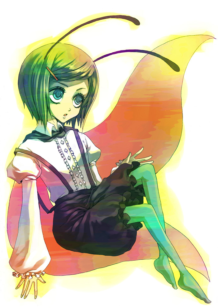 rinka, wriggle nightbug, touhou, 1girl, antennae, blue pantyhose, cape, female focus, full body, green eyes, green hair, hair ornament, hairclip, matching hair/eyes, pantyhose, pantyhose under shorts, short hair, shorts, solo, suspenders