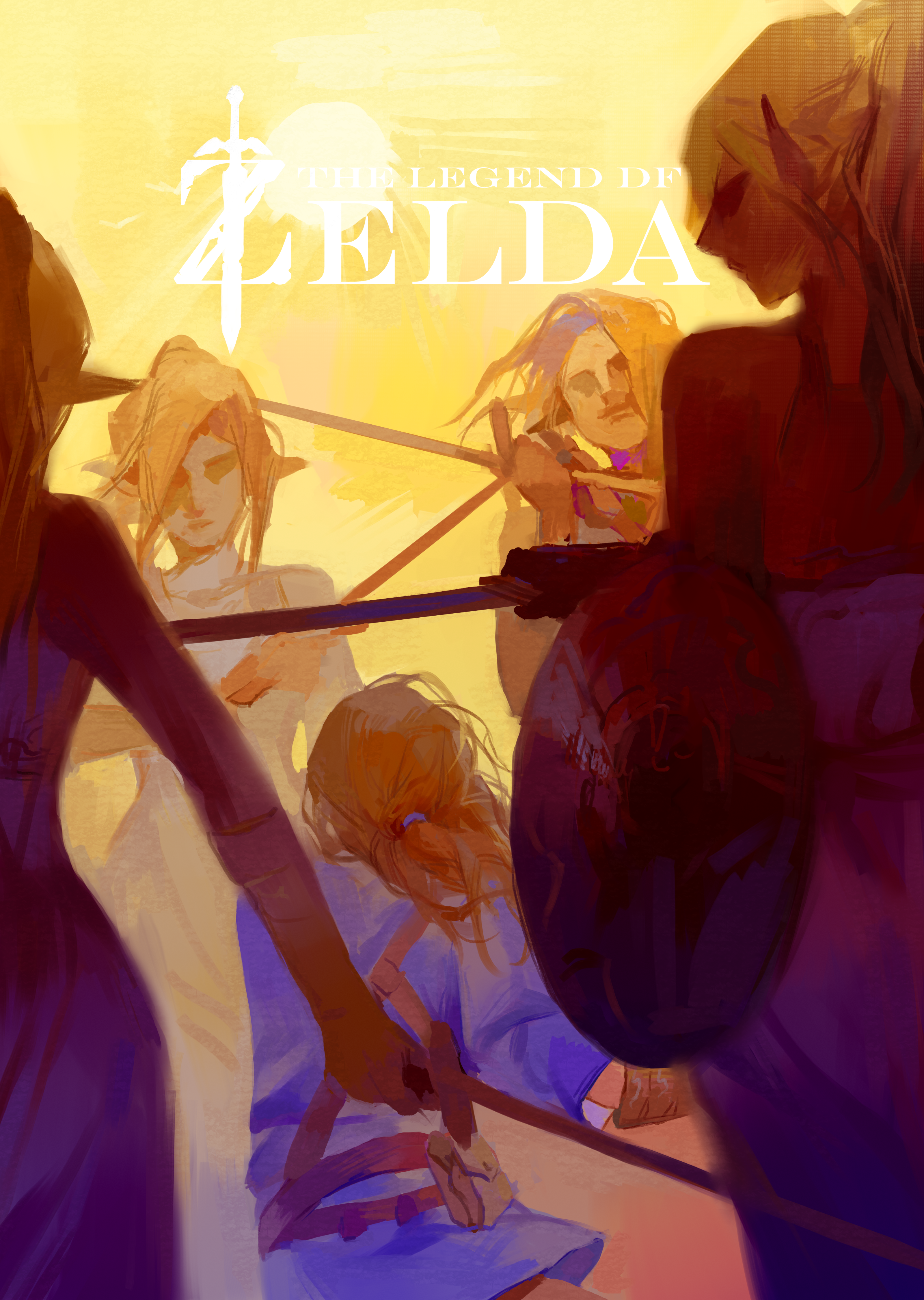 lin09, link, nintendo, the legend of zelda, the legend of zelda: breath of the wild, absurdres, character request, check copyright, chinese commentary, commentary request, copyright request, highres, 1boy, belt, belt pouch, blonde hair, blue shirt, brown belt, copyright name, english text, long hair, pouch, shield, shirt, short sleeves, statue, sword, weapon, yellow background