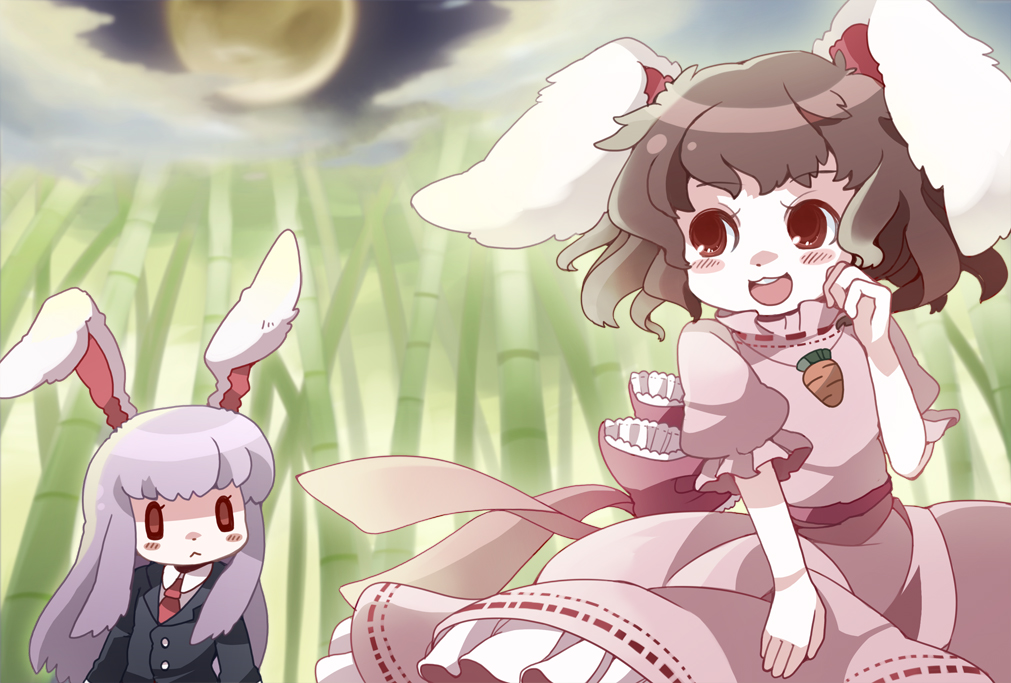 chachi, chachi (azuzu), inaba tewi, reisen udongein inaba, touhou, bad id, bad pixiv id, 2girls, animal ears, bamboo, bamboo forest, blazer, brown hair, carrot, female focus, forest, jacket, long hair, moon, multiple girls, nature, necktie, purple hair, rabbit ears, red eyes, short hair