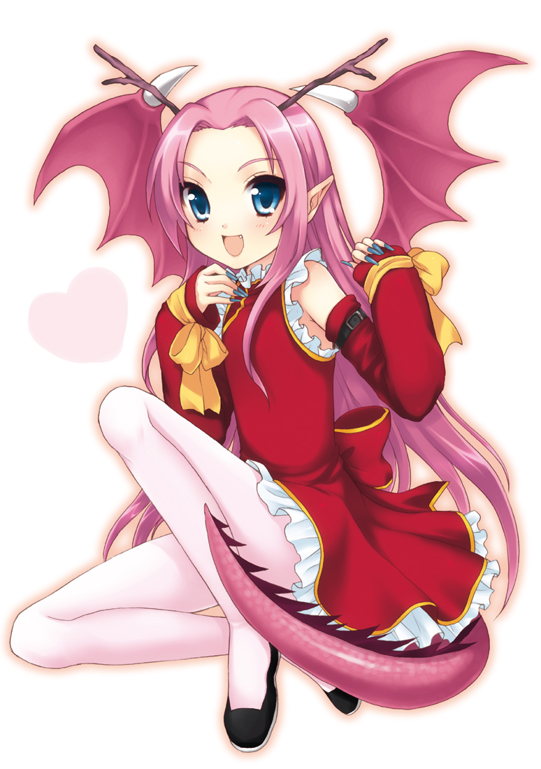 usashiro mani, bad id, bad pixiv id, 1girl, :d, antlers, belt, blue eyes, blue nails, blush, bow, china dress, chinese clothes, detached sleeves, dragon, dragon girl, dragon tail, dragon wings, dress, fang, female focus, fingernails, flat chest, frills, horns, long fingernails, long hair, monster girl, nail (hardware), nail polish, open mouth, pantyhose, pink hair, shoes, smile, solo, tail, very long hair, wings