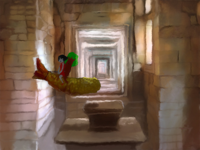 nuq, original, commentary request, 1girl, black hair, dress, food, full body, hallway, indoors, red dress, red shoes, shoes, shrimp, shrimp tempura, solo, tempura, tree