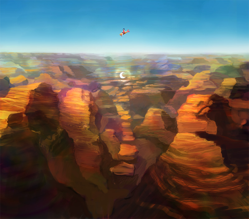 nuq, original, commentary request, 1girl, black hair, blue sky, canyon, clear sky, crescent moon, day, dress, food, full body, moon, outdoors, red dress, scenery, shrimp, shrimp tempura, sky, solo, tempura, wide shot