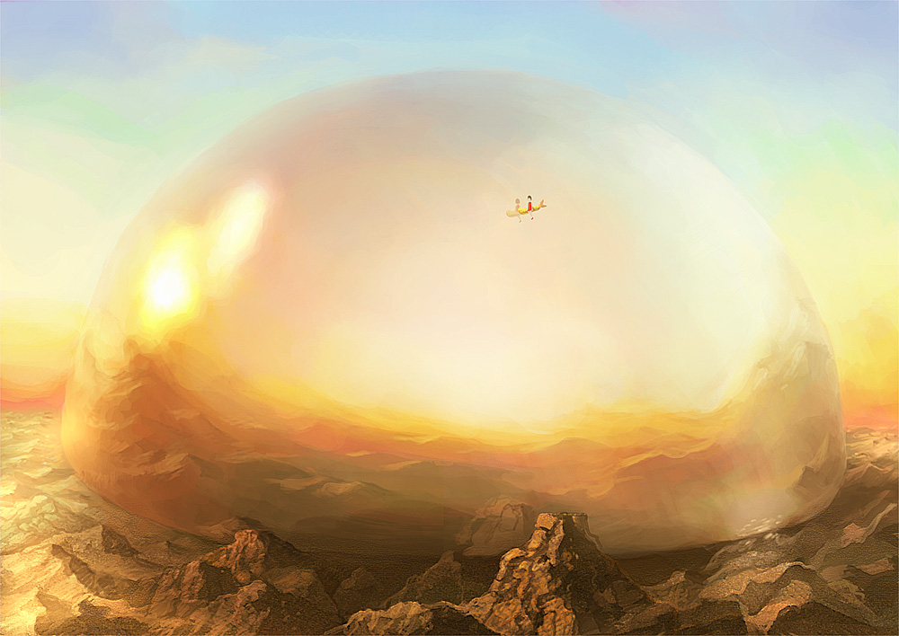 nuq, original, commentary request, 1girl, black hair, blue sky, bubble, canyon, clear sky, desert, dress, flying, food, mountain, outdoors, red dress, scenery, shrimp, shrimp tempura, sky, solo, tempura