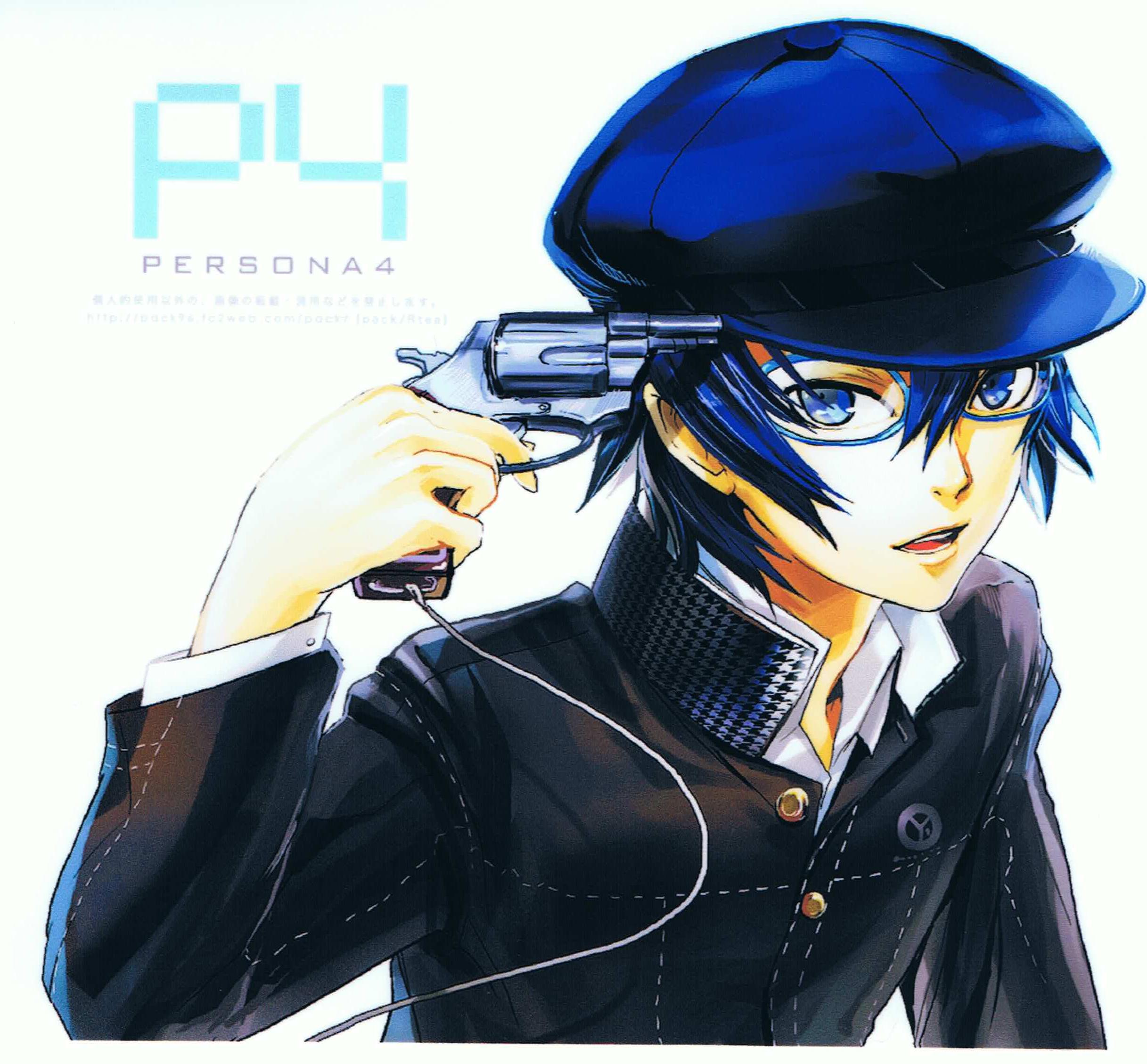 maguchimo, shirogane naoto, atlus, persona, persona 4, highres, jpeg artifacts, scan, 1girl, androgynous, at gunpoint, blue eyes, blue hair, blurry, female focus, glasses, gun, gun to head, handgun, hat, holding, holding gun, holding weapon, matching hair/eyes, newsboy cap, parody, pistol, reverse trap, revolver, school uniform, short hair, solo, weapon