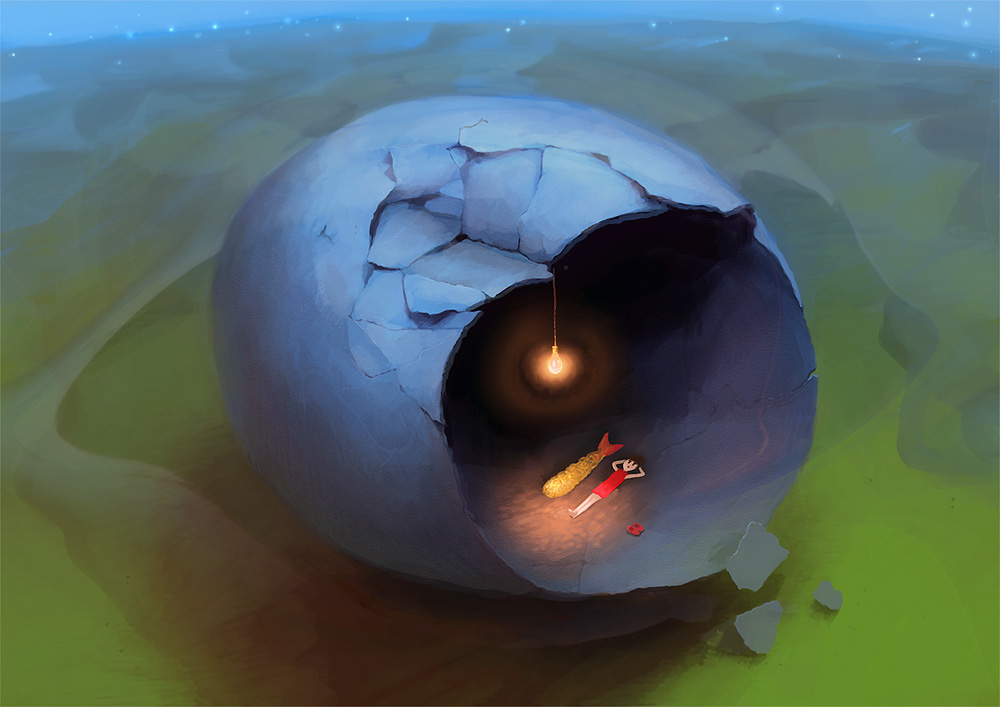 nuq, original, commentary request, 1girl, black hair, cracked egg, dress, egg, food, full body, light bulb, lying, on back, red dress, red shoes, shoes, shrimp, shrimp tempura, solo, tempura, unworn shoes