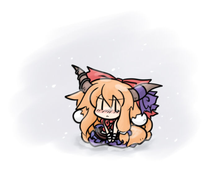 yanagi (nurikoboshi), ibuki suika, touhou, 1girl, animal ears, blush, bow, chibi, dog-suika, dog ears, female focus, gradient background, hair bow, horns, long hair, orange hair, snow, solo, teardrop, tears, | |