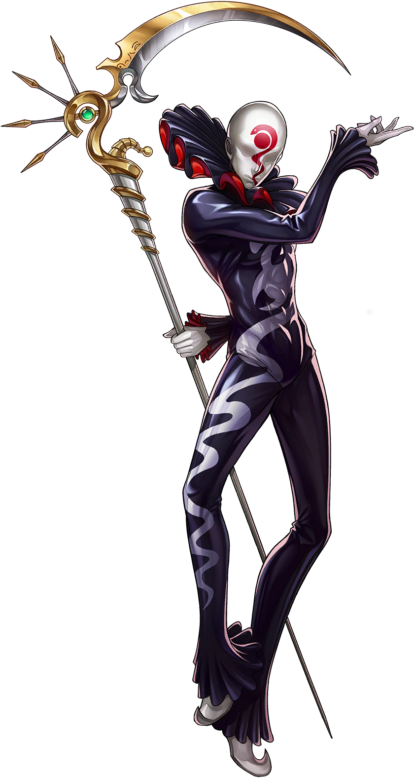 persona, persona 5, persona 5: the phantom x, shin megami tensei, artist request, highres, official art, third-party source, 1boy, black bodysuit, bodysuit, colored skin, covered abs, demon (megami tensei), holding, holding scythe, macabre (megami tensei), neck ruff, no eyes, pointy shoes, scythe, shoes, solo, transparent background, white skin