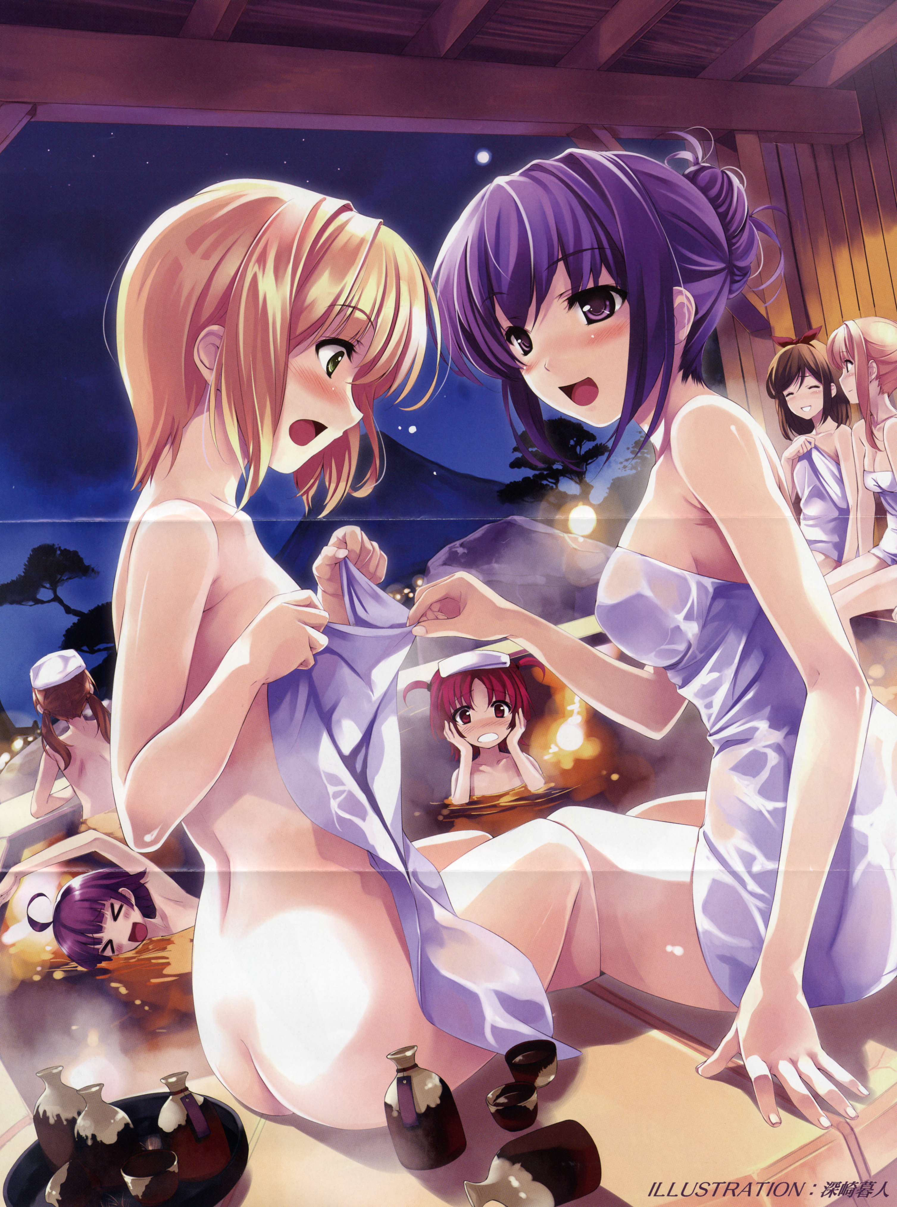 misaki kurehito, absurdres, copyright request, highres, huge filesize, scan, > <, 6+girls, ahoge, alcohol, ass, blonde hair, blush, brown hair, closed eyes, covering privates, crease, cup, dutch angle, green eyes, hair bun, hair ribbon, impossible towel, mount fuji, multiple girls, naked towel, night, night sky, nude, nude cover, onsen, open mouth, pool, profile, purple eyes, purple hair, red eyes, red hair, ribbon, sake, short twintails, single hair bun, sky, smile, swimming, towel, towel on head, tree, twintails, undressing