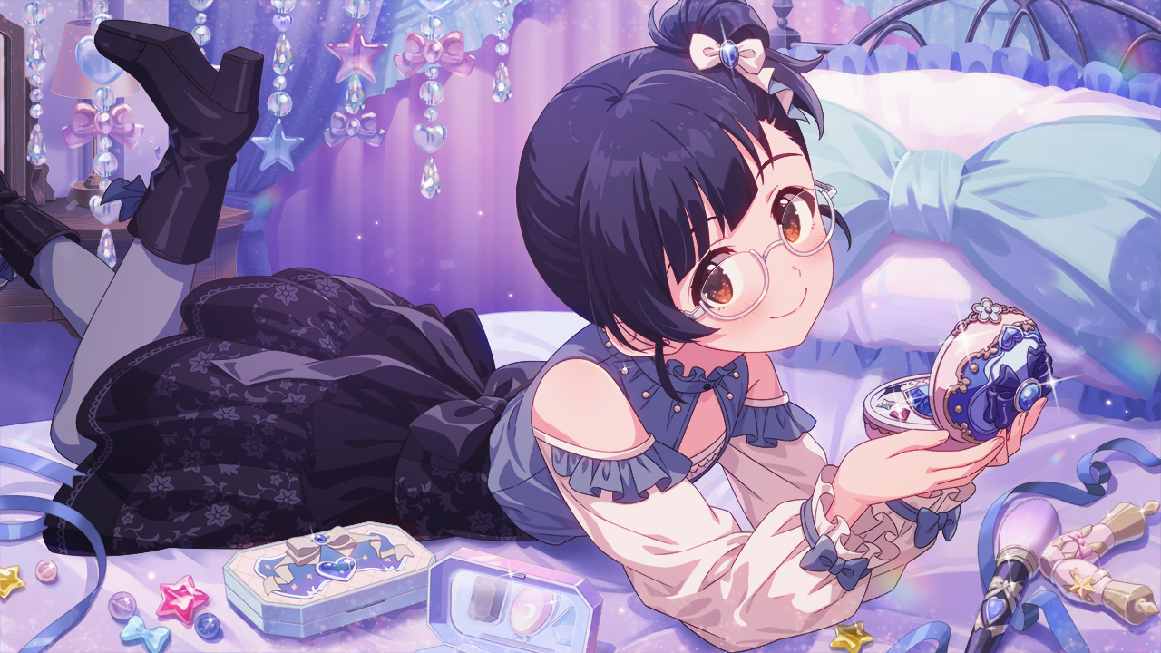 nakatani iku, idolmaster, idolmaster million live!, idolmaster million live! theater days, game cg, official art, 1girl, bed, black hair, boots, bow, glasses, high heel boots, high heels, holding, lying, on stomach, orange eyes, pantyhose, pillow, shoe soles, side ponytail, smile, solo, star (symbol), zipper
