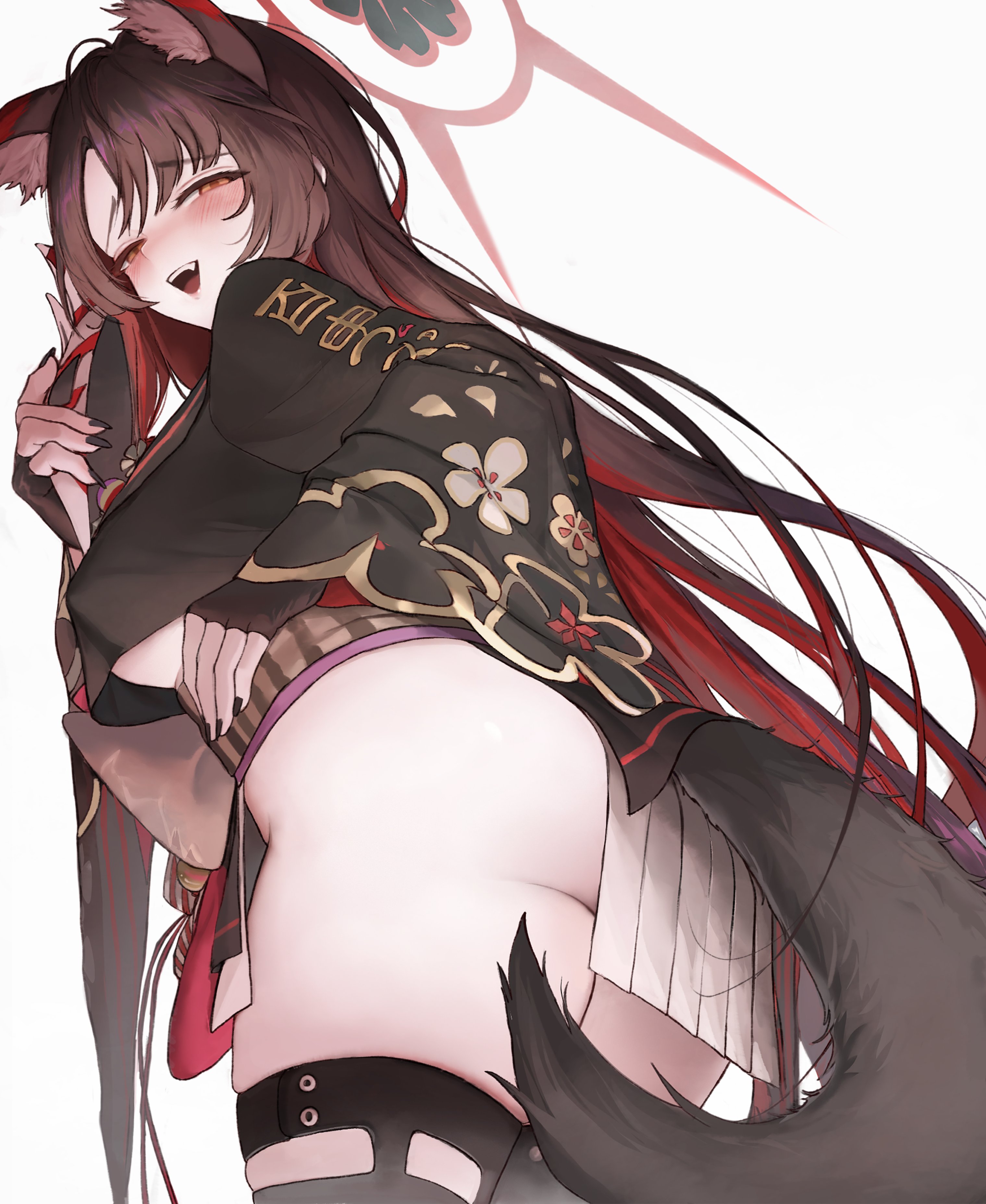 wakamo (blue archive), blue archive, artist request, 1girl, animal ear fluff, animal ears, ass, black gloves, black kimono, black nails, black thighhighs, blush, breasts, brown hair, colored inner hair, cropped kimono, debania, fangs, fingerless gloves, fox ears, fox girl, fox tail, from behind, from below, gloves, gluteal fold, halo, japanese clothes, kimono, large breasts, lips, long hair, looking back, multicolored hair, narrowed eyes, obi, open mouth, orange eyes, pelvic curtain, red hair, sash, shirt overhang, skindentation, smile, solo, tail, thick thighs, thighhighs, thighs, underboob, white background