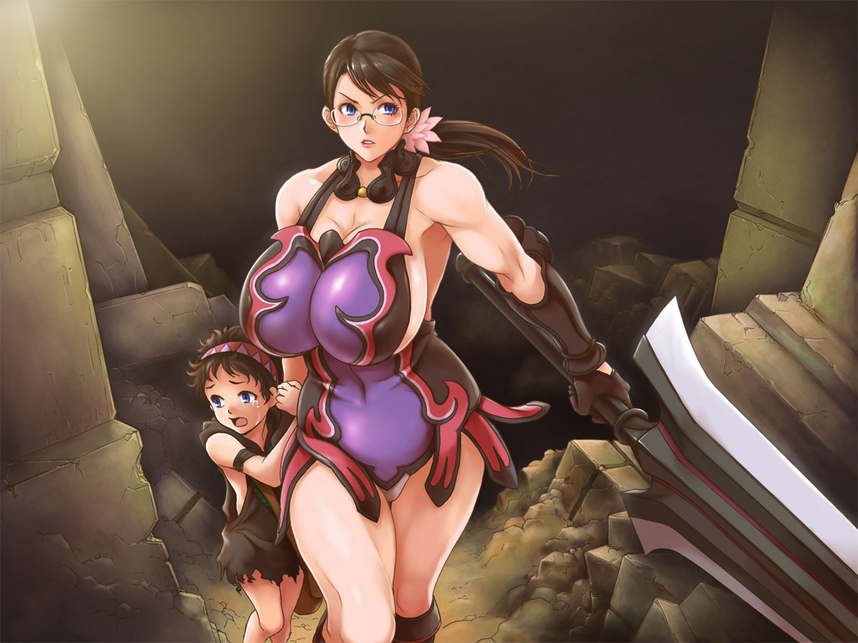 toshi, cattleya (queen's blade), rana (queen's blade), weapon merchant cattleya, queen's blade, artist request, bad id, bad pixiv id, 00s, 1boy, 1girl, age difference, black hair, blue eyes, breasts, curvy, glasses, huge breasts, mature female, mother and son, muscular, muscular female, ponytail, sword, tears, thighs, weapon