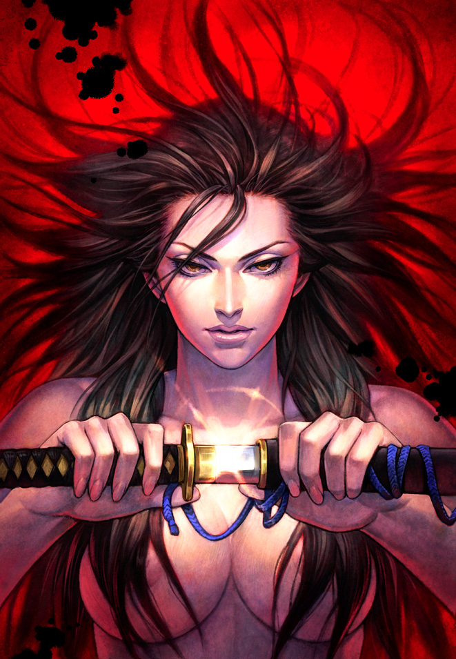 arina nary, original, 1girl, breasts, brown hair, censored, convenient censoring, female focus, glint, hair censor, hair over breasts, holding, holding sword, holding weapon, katana, nipple slip, nipples, scabbard, sheath, solo, sword, unsheathing, weapon