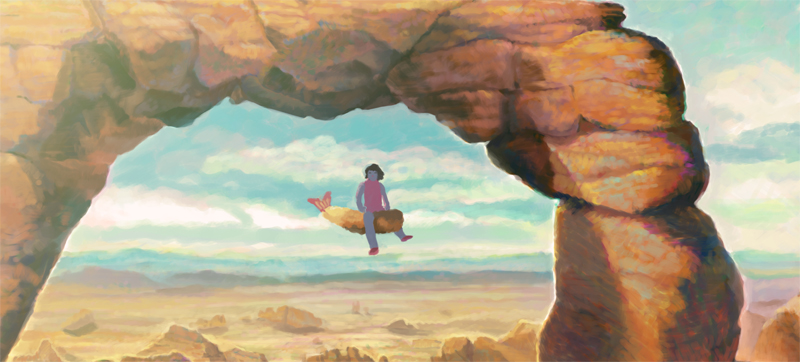 nuq, original, commentary request, 1girl, arch, black hair, blue sky, cloud, day, desert, dress, flying, food, full body, outdoors, pink dress, red shoes, rock, shoes, short hair, shrimp, shrimp tempura, sky, solo, tempura