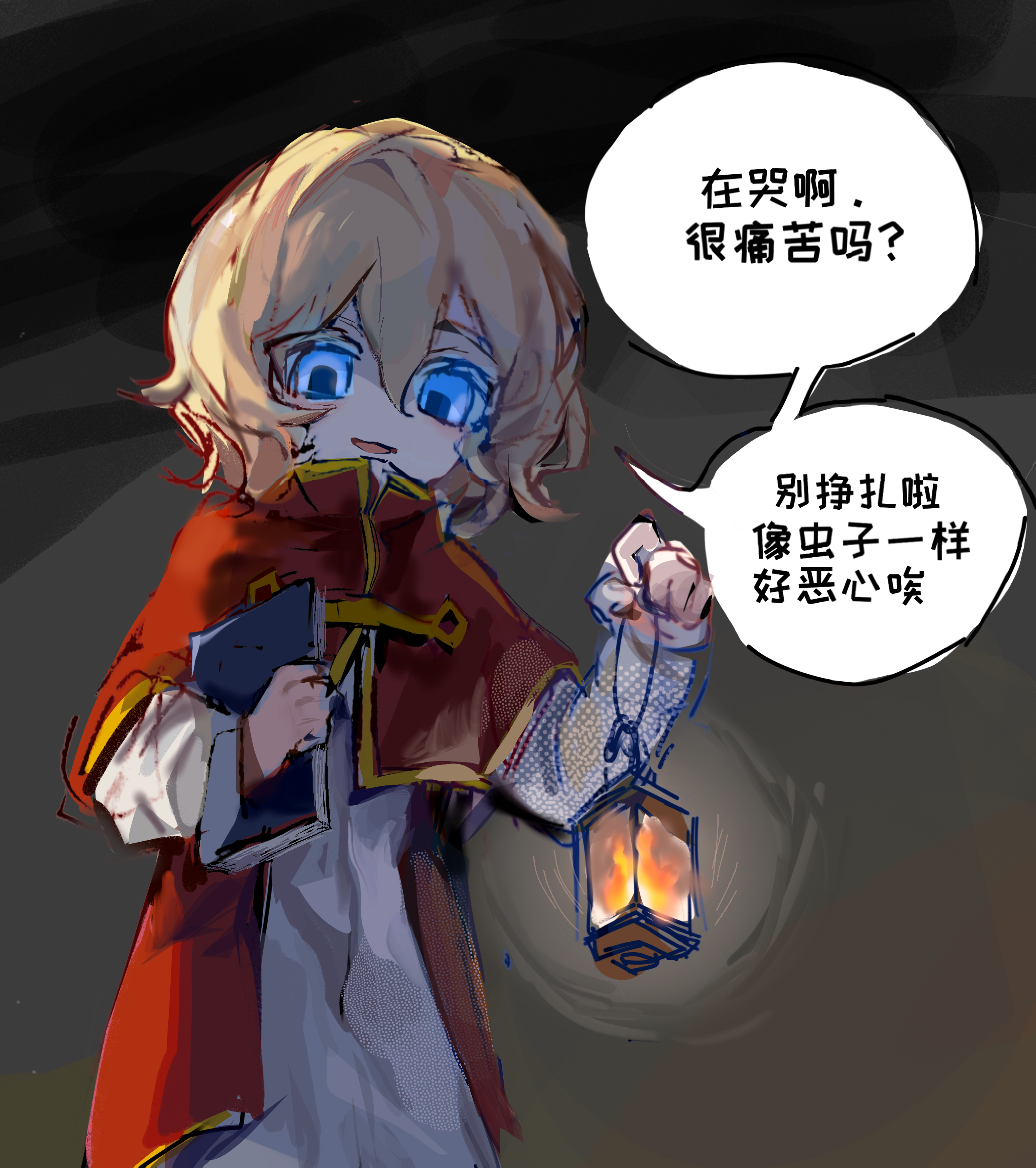 identity v, absurdres, chinese commentary, commentary request, highres, translation request, 1boy, blonde hair, blue eyes, book, capelet, chinese text, coat, double-parted bangs, fire, gold trim, hair between eyes, holding, holding book, holding lantern, jiayou siren, lantern, long sleeves, male focus, nathaniel norwell, open clothes, open coat, open mouth, red capelet, red coat, robe, short hair, sketch, smile, solo, speech bubble, white robe