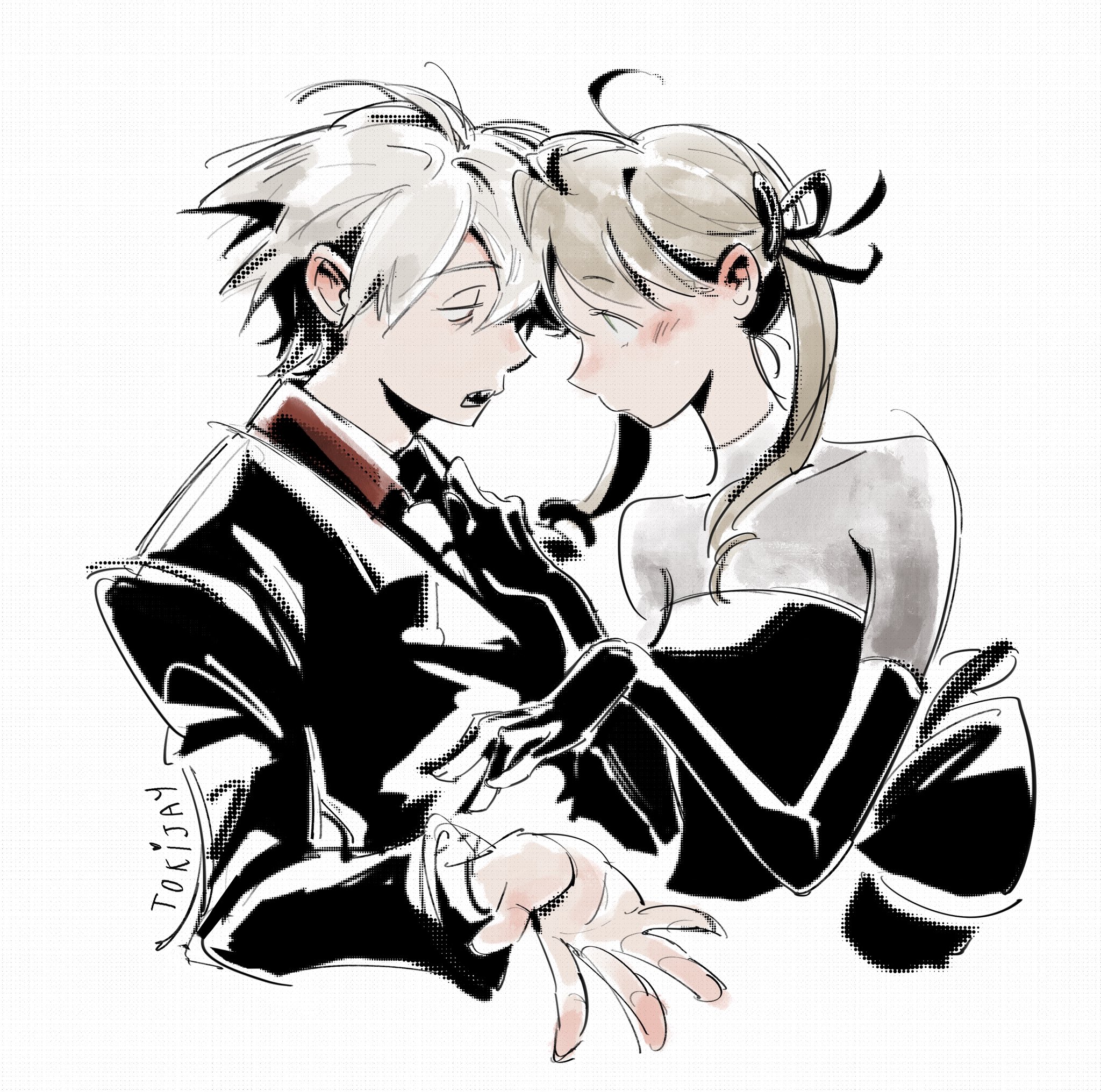 tokiijayy, maka albarn, soul evans, soul eater, highres, 1boy, 1girl, artist name, back bow, black dress, black gloves, black jacket, black ribbon, bow, breasts, collarbone, cropped torso, dress, elbow gloves, gloves, grey hair, hair between eyes, hair ribbon, half-closed eyes, hand on another's chest, hetero, jacket, light blush, long hair, looking at another, medium breasts, necktie, open mouth, red shirt, ribbon, shirt, short hair, suit jacket, twintails, white background, white necktie