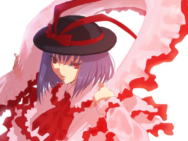 vica, nagae iku, touhou, 1girl, female focus, hat, ribbon, short hair, simple background, solo, upper body, white background
