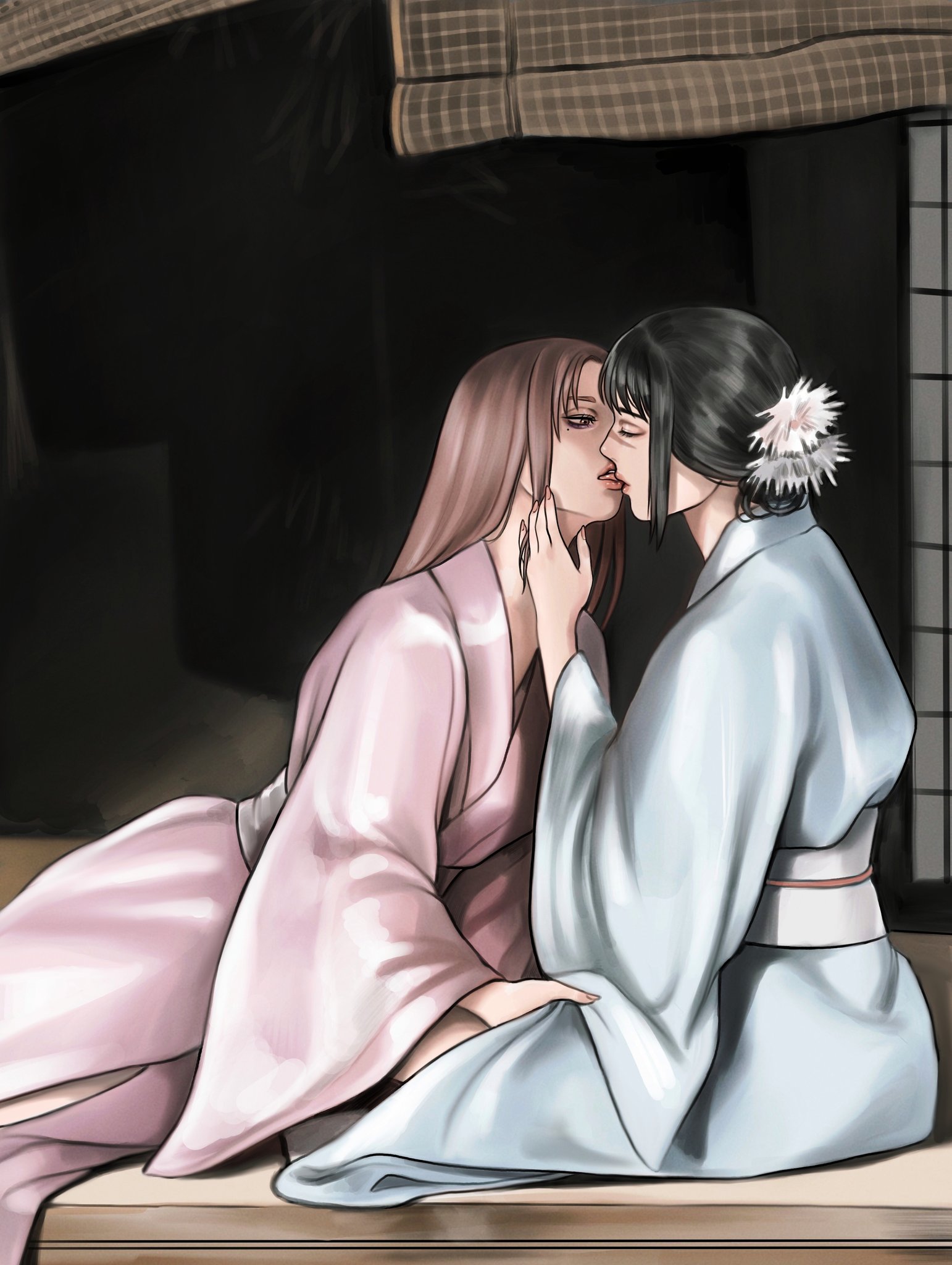 imeko san, ieiri shoko, iori utahime, jujutsu kaisen, commentary, english commentary, highres, 2girls, black hair, blue kimono, brown eyes, brown hair, closed eyes, flower, french kiss, hair bun, hair flower, hair ornament, hand in another's clothes, hand in another's skirt, hand on another's neck, holding another's hair, japanese clothes, kimono, kiss, long hair, looking at another, multiple girls, night, night sky, open mouth, pink kimono, sash, scar, scar on face, sky, tongue, tongue out, wide sleeves, yuri