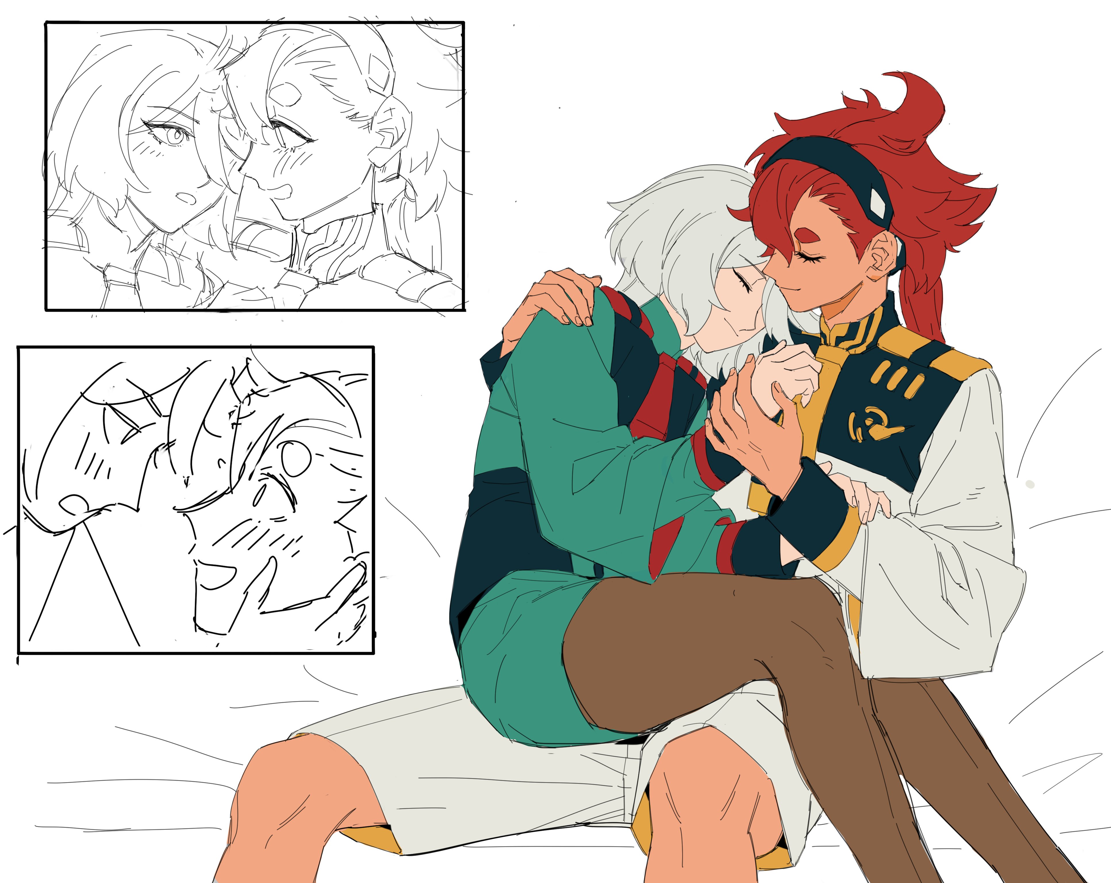 chiliangtu, miorine rembran, suletta mercury, gundam, gundam suisei no majo, absurdres, highres, 2girls, asticassia school uniform, black hair, black pantyhose, blush, closed eyes, closed mouth, green jacket, green shorts, holding hands, jacket, long hair, looking at another, multiple girls, open mouth, pantyhose, partially colored, red hair, school uniform, shorts, sitting, sitting on lap, sitting on person, smile, thick eyebrows, white hair, white jacket, white shorts, yuri