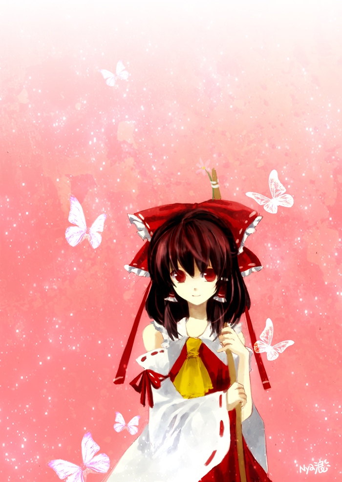 nr (cerumia), nr (cmnrr), nr (pixiv), hakurei reimu, touhou, bad id, bad pixiv id, 1girl, broom, bug, butterfly, female focus, japanese clothes, miko, red eyes, ribbon, smile, solo