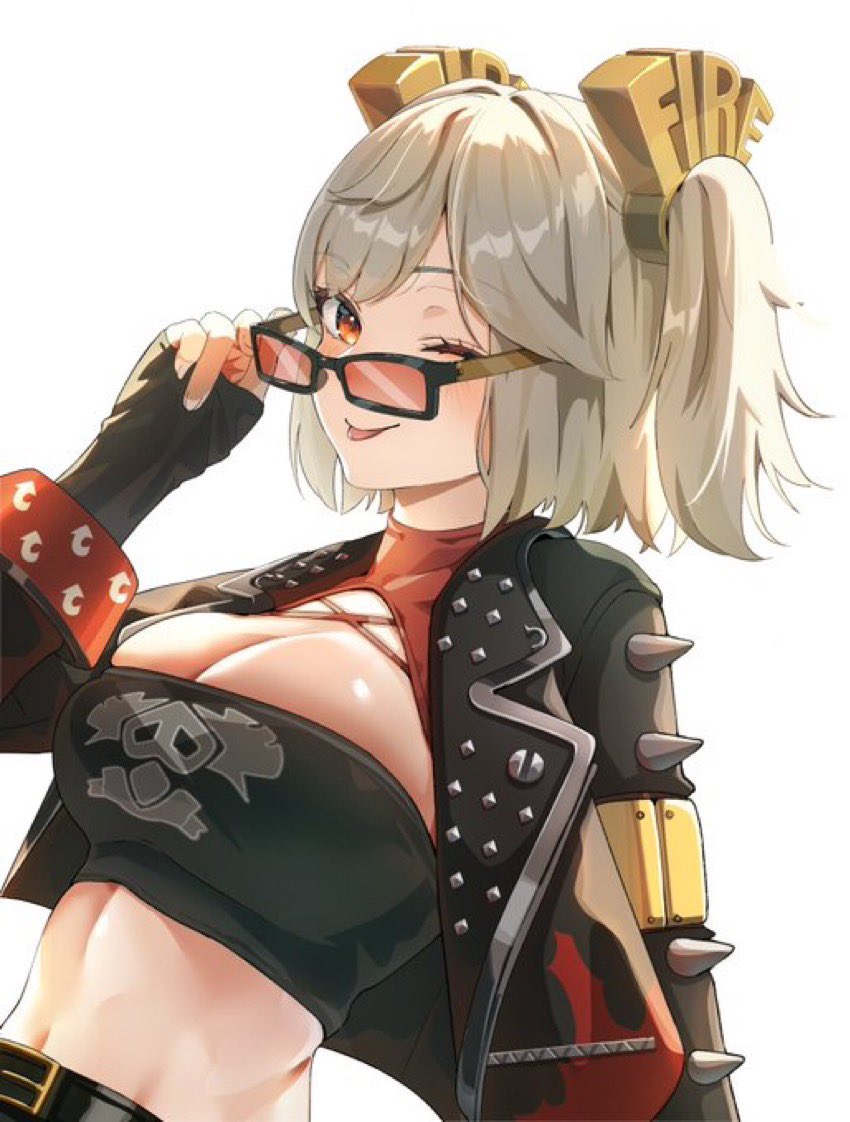 yami anko, burnice white, black lagoon, zenless zone zero, commentary request, 1girl, ;p, adjusting eyewear, belt, black-framed eyewear, black belt, blonde hair, breasts, cleavage, crop top, hair ornament, jacket, large breasts, looking at viewer, midriff, navel, one eye closed, open clothes, open jacket, red-tinted eyewear, red eyes, simple background, solo, spiked jacket, sunglasses, tinted eyewear, tongue, tongue out, twintails, upper body, white background