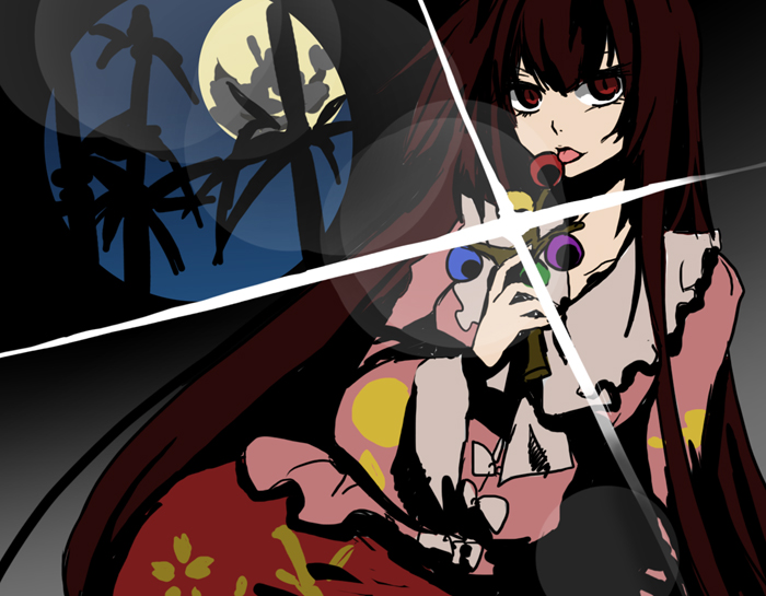 nr (cerumia), nr (cmnrr), nr (pixiv), houraisan kaguya, touhou, bad id, bad pixiv id, 1girl, black hair, branch, female focus, jeweled branch of hourai, parody, solo, style parody, tongue