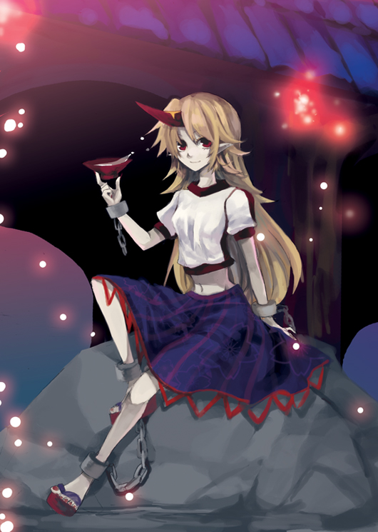 nr (cerumia), nr (cmnrr), nr (pixiv), hoshiguma yuugi, touhou, bad id, bad pixiv id, 1girl, alcohol, cup, female focus, horns, pointy ears, red eyes, sakazuki, sake, single horn, solo