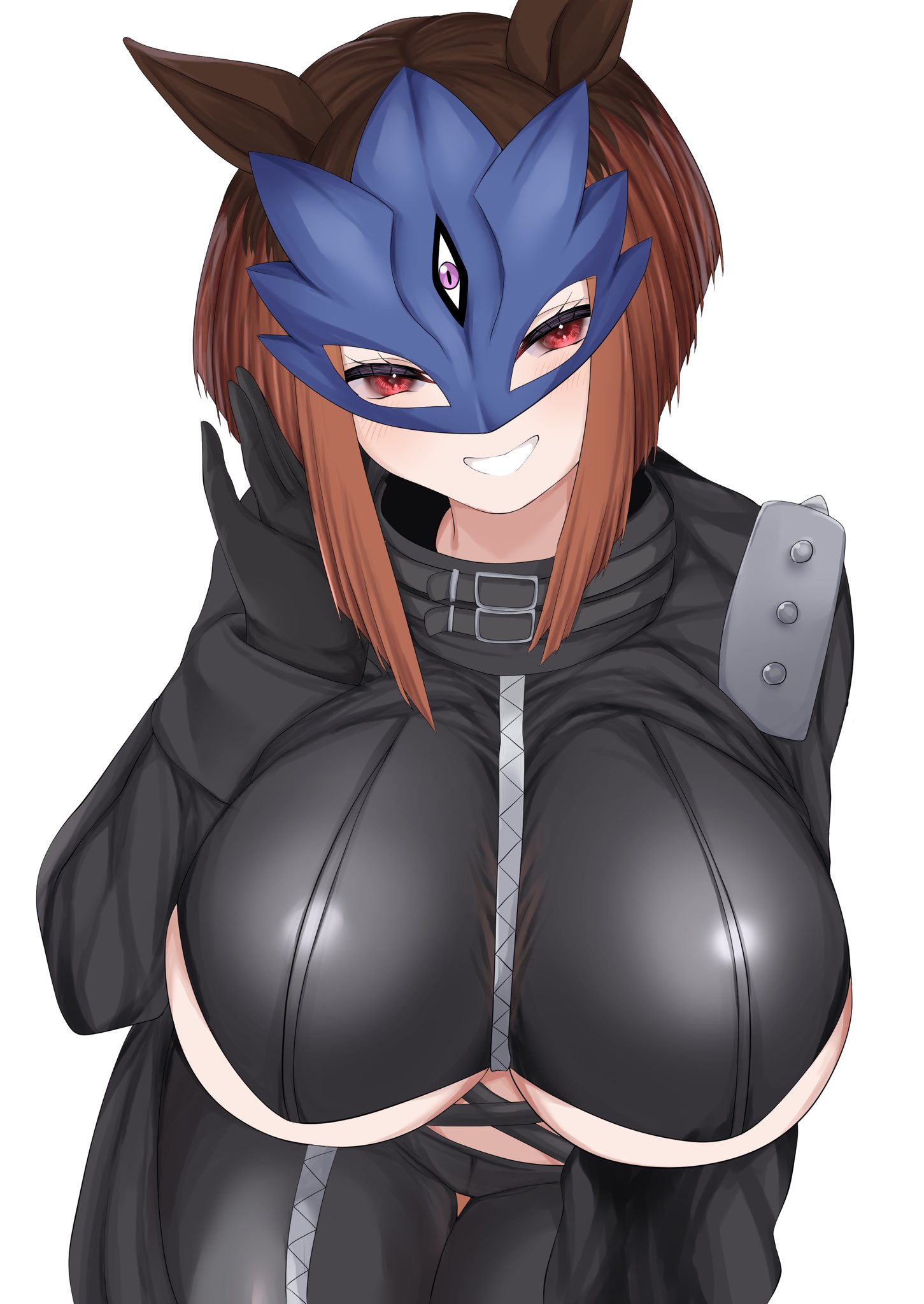 hisagi (hisagi00), beelstarmon, transcend (umamusume), digimon, umamusume, commentary request, highres, 1girl, animal ears, beelstarmon (cosplay), black gloves, black jacket, black pants, blush, bob cut, breasts, brown hair, cosplay, cowboy shot, cropped jacket, eye mask, gloves, grin, horse ears, horse girl, jacket, large breasts, leaning forward, looking at viewer, mask, multicolored hair, pants, red eyes, roots (hair), short hair, simple background, smile, solo, third eye, underboob, white background