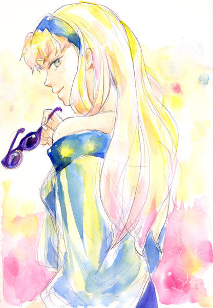 sanami, sheryl nome, macross, macross frontier, 00s, 1girl, blonde hair, blue eyes, female focus, holding, holding removed eyewear, long hair, looking back, off shoulder, smile, solo, sunglasses, unworn eyewear