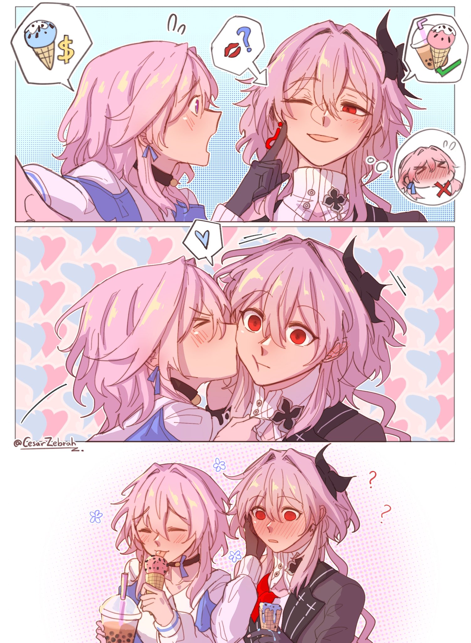 cesar zebrah, evernight (honkai: star rail), march 7th (honkai: star rail), march 7th (preservation) (honkai: star rail), honkai: star rail, honkai (series), commentary, english commentary, highres, > <, 2girls, black flower, black gloves, blush, bubble tea, closed mouth, dual persona, flower, food, gloves, hair flower, hair ornament, heart, holding, holding ice cream cone, ice cream, ice cream cone, multiple girls, one eye closed, parted lips, pink hair, purple eyes, red eyes, selfcest, smile, spoken food, spoken heart, yuri