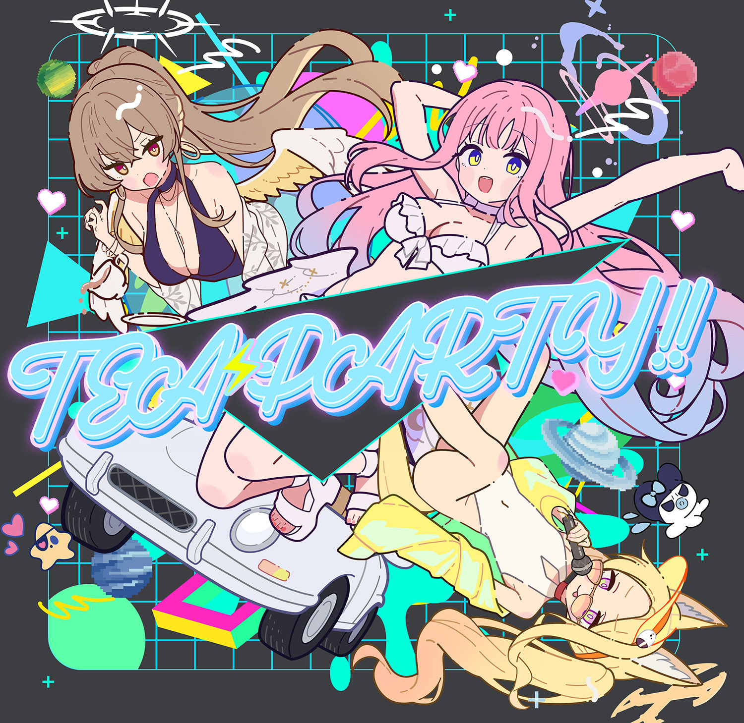 kinokomushi, mika (blue archive), mika (swimsuit) (blue archive), nagisa (blue archive), nagisa (swimsuit) (blue archive), seia (blue archive), seia (swimsuit) (blue archive), blue archive, commentary, english commentary, highres, bare shoulders, blonde hair, breasts, brown eyes, brown hair, halo, large breasts, looking at viewer, official alternate costume, official alternate hairstyle, pink eyes, pink hair, pink halo, ponytail, small breasts, thighs, yellow eyes, yellow halo