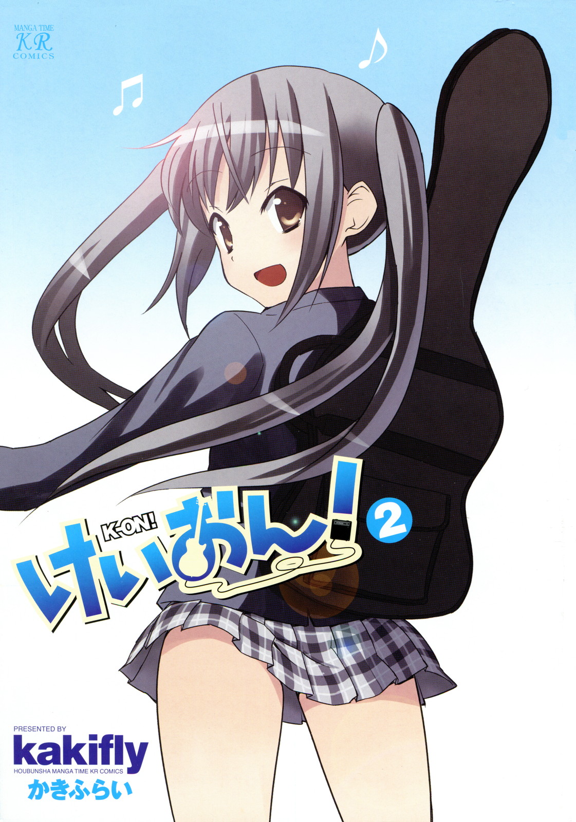 kakifly, nakano azusa, k-on!, highres, official art, scan, 00s, 1girl, black hair, brown eyes, female focus, gradient background, guitar case, instrument, instrument case, lens flare, long hair, looking back, musical note, plaid clothes, plaid skirt, school uniform, skirt, smile, solo, twintails, wind