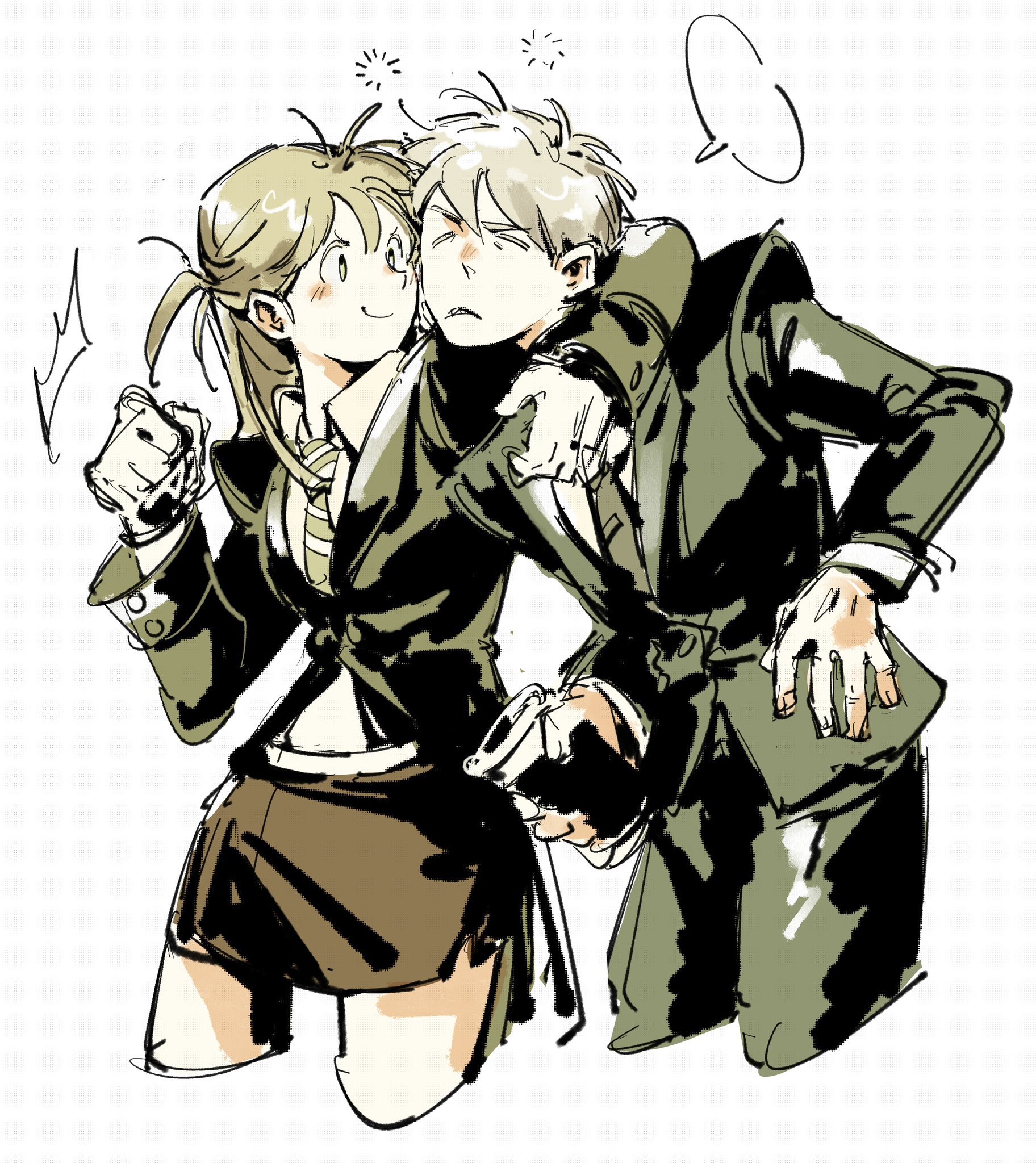tokiijayy, maka albarn, soul evans, soul eater, highres, 1boy, 1girl, arm around shoulder, black jacket, black necktie, black pants, black skirt, blank speech bubble, blonde hair, breasts, clenched hand, collared shirt, cowboy shot, cowlick, cropped legs, cup, frown, grey hair, hair between eyes, half updo, holding, holding cup, jacket, light blush, long hair, looking at viewer, medium breasts, miniskirt, necktie, pants, parted lips, sharp teeth, shirt, short hair, short twintails, sketch, skirt, smile, speech bubble, squeans, striped necktie, suit jacket, teeth, twintails, white shirt
