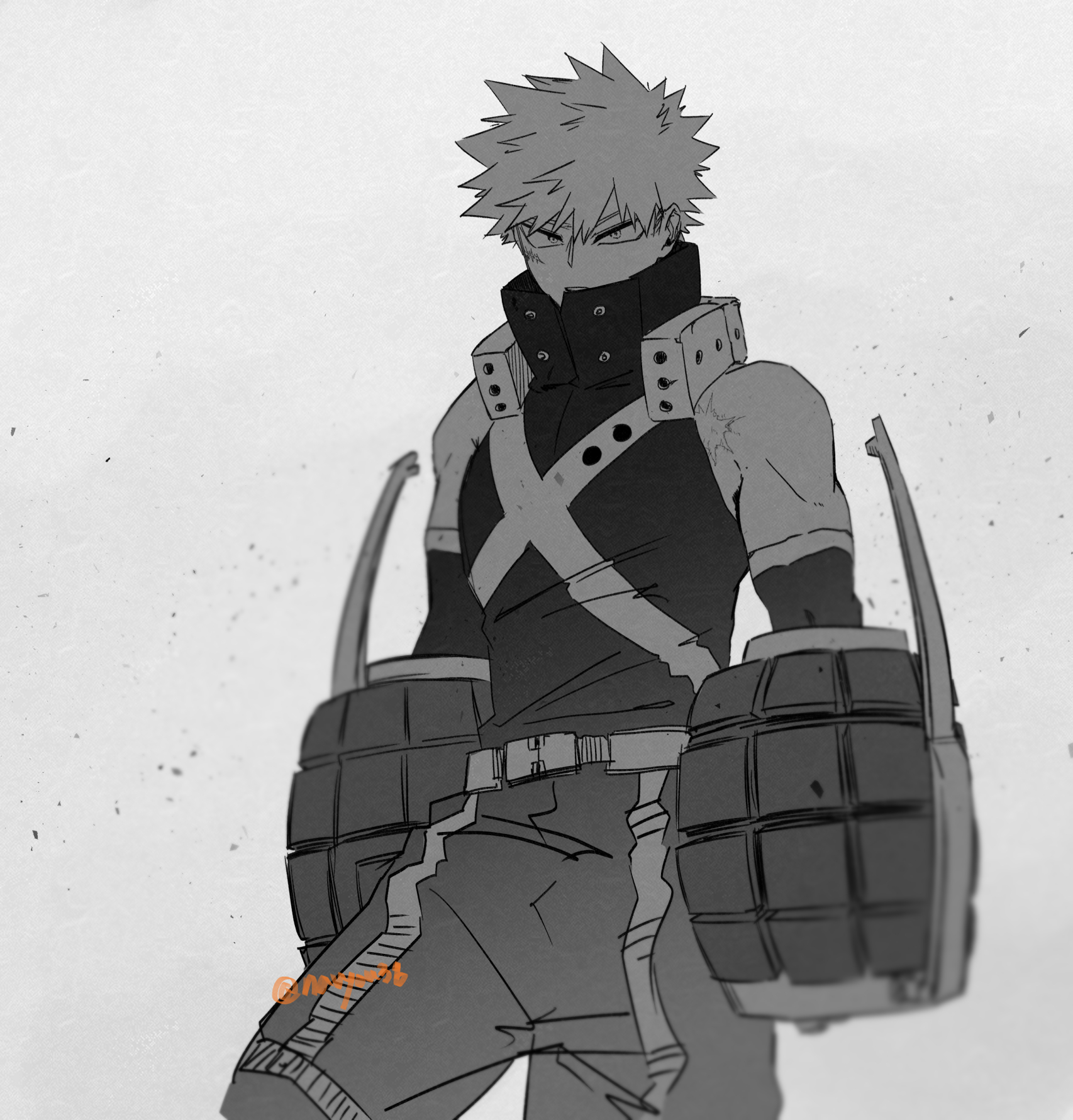 bakugou katsuki, boku no hero academia, commentary, highres, symbol-only commentary, 1boy, belt, buckle, collared shirt, contrapposto, detached sleeves, facial scar, greyscale, looking at viewer, male focus, monochrome, navyou38, pants, scar, scar on cheek, scar on face, scar on shoulder, shirt, short hair, sleeveless, sleeveless shirt, snap-fit buckle, solo, spiked hair, superhero costume, twitter username