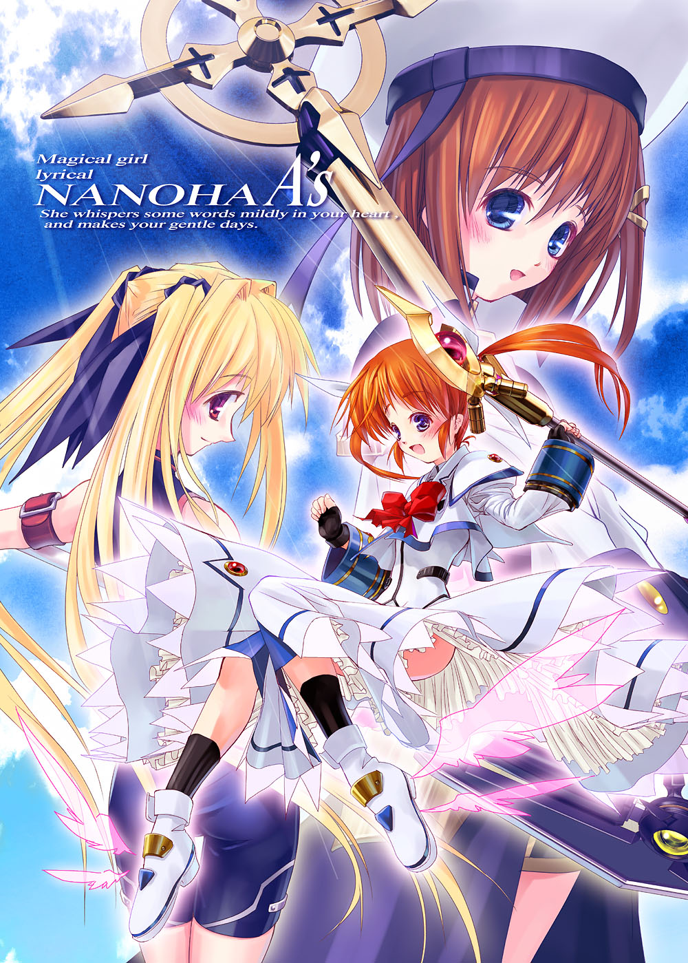 tom (1art.), bardiche (assault form) (nanoha), bardiche (nanoha), fate testarossa, fate testarossa (sonic form), raising heart, raising heart (accel mode), schwertkreuz, takamachi nanoha, takamachi nanoha (sacred mode), yagami hayate, lyrical nanoha, mahou shoujo lyrical nanoha, mahou shoujo lyrical nanoha a's, bad id, bad pixiv id, highres, 00s, 3girls, :o, ass, beret, blue eyes, brown hair, hat, long hair, looking at viewer, multiple girls, parted lips, red eyes, rod, staff, twintails