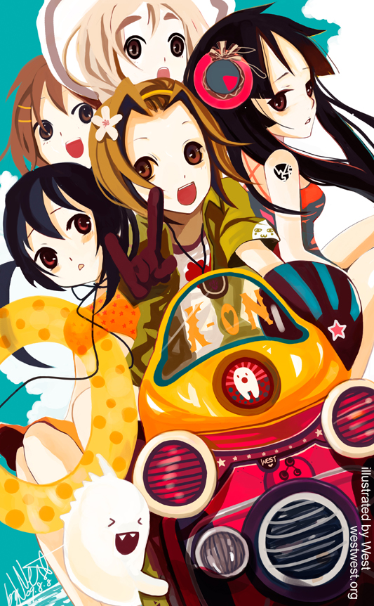 west (artist), xi lu (west), akiyama mio, hirasawa yui, kotobuki tsumugi, nakano azusa, tainaka ritsu, k-on!, eyebrows, vehicle, 00s, 5girls, m/, bikini, black eyes, black hair, blonde hair, blunt bangs, blush, brown eyes, brown hair, flower, hair flower, hair ornament, hairband, hairclip, hat, hime cut, ho-kago tea time, long hair, motor vehicle, motorcycle, multiple girls, red eyes, short hair, swimsuit, tattoo