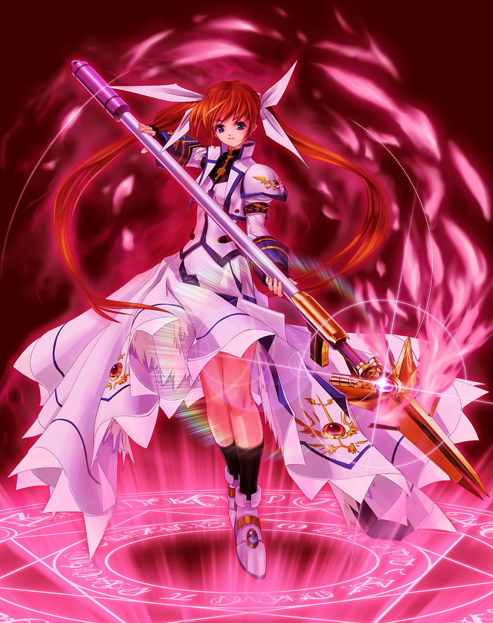 tom (1art.), raising heart, raising heart (exceed mode), takamachi nanoha, takamachi nanoha (exceed mode), lyrical nanoha, mahou shoujo lyrical nanoha, mahou shoujo lyrical nanoha strikers, bad id, bad pixiv id, highres, 00s, 1girl, black socks, brown hair, cyk, female focus, full body, glint, kneehighs, lance, looking at viewer, magic circle, magical girl, octagram, polearm, rod, socks, solo, standing, standing on magic circle, twintails, weapon
