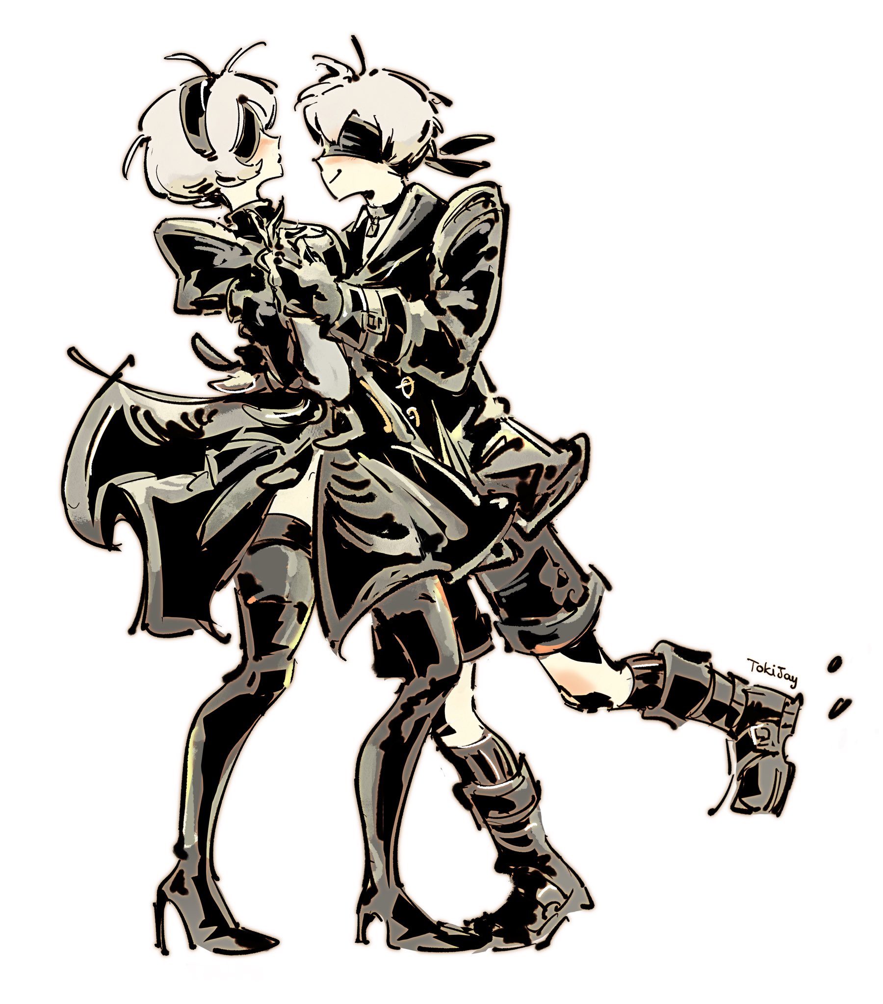 tokiijayy, 2b (nier:automata), 9s (nier:automata), nier:automata, nier (series), commentary, highres, 1boy, 1girl, artist name, black boots, black choker, black dress, black gloves, black hairband, black jacket, black shorts, black socks, black thighhighs, black visor, blindfold, boots, choker, couple, dress, full body, gloves, grey hair, hair between eyes, hairband, hetero, holding hands, jacket, juliet sleeves, long sleeves, pendant choker, puffy sleeves, short hair, shorts, side slit, smile, socks, thigh boots, thighhighs, turtleneck, turtleneck dress, white background