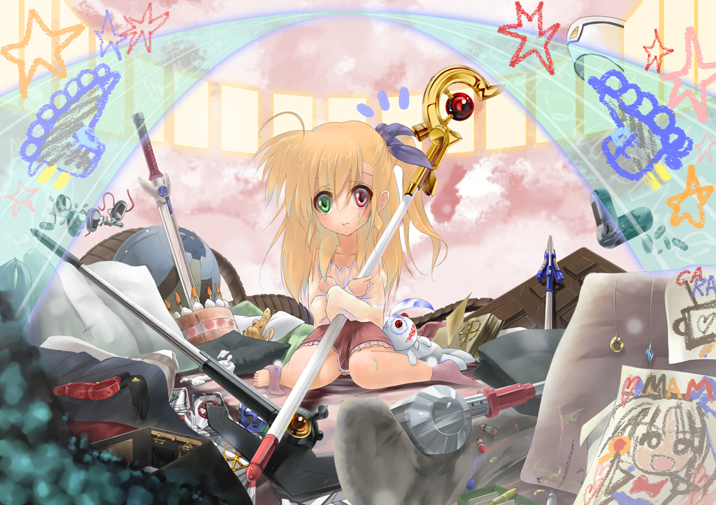 saku tirum, bardiche (assault form) (nanoha), bardiche (nanoha), raising heart, raising heart (accel mode), vivio, lyrical nanoha, mahou shoujo lyrical nanoha, mahou shoujo lyrical nanoha strikers, mahou shoujo lyrical nanoha vivid, bad id, bad pixiv id, 00s, 10s, 1girl, blonde hair, borrowed weapon, female focus, green eyes, heterochromia, long hair, looking at viewer, red eyes, rod, solo, staff, very long hair