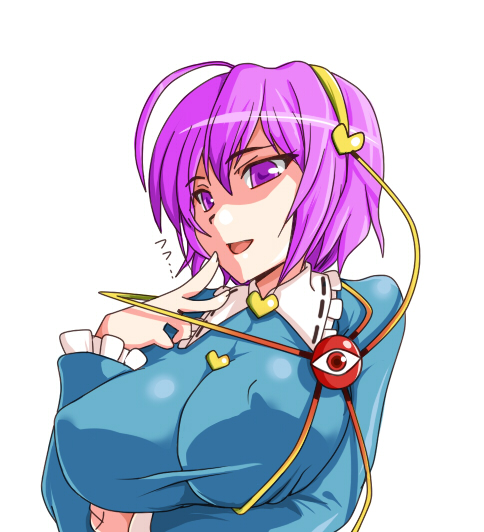 tajima yuuki, komeiji satori, touhou, 1girl, alternate breast size (larger), breasts, female focus, hairband, heart, impossible clothes, impossible shirt, large breasts, purple eyes, purple hair, shirt, short hair, simple background, solo, white background
