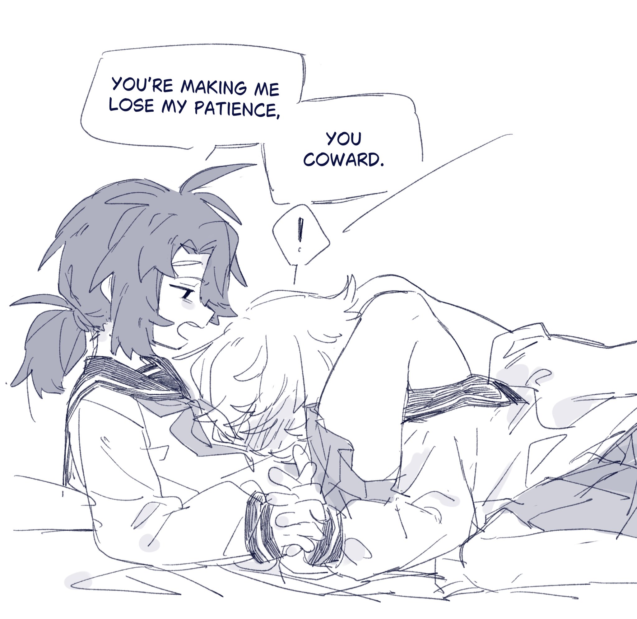 ezier, original, commentary, highres, !, 2girls, between legs, blush, greyscale, holding hands, interlocked fingers, leg lock, monochrome, multiple girls, pleated skirt, ponytail, school uniform, serafuku, short ponytail, skirt, spoken exclamation mark, yuri