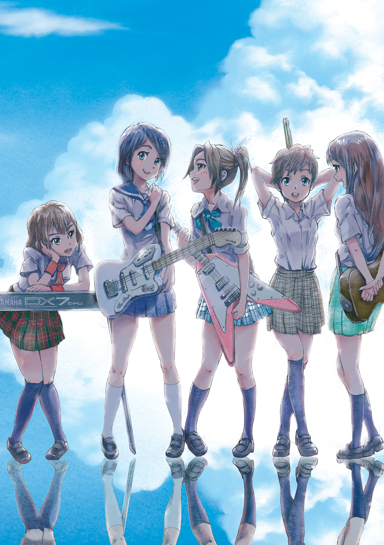 geronimo soul, original, highres, 5girls, brown hair, cloud, day, electric guitar, fender jaguar, gibson flying v, guitar, instrument, keyboard, keyboard (instrument), multiple girls, mustang (guitar), plaid clothes, plaid skirt, school uniform, skirt, sky