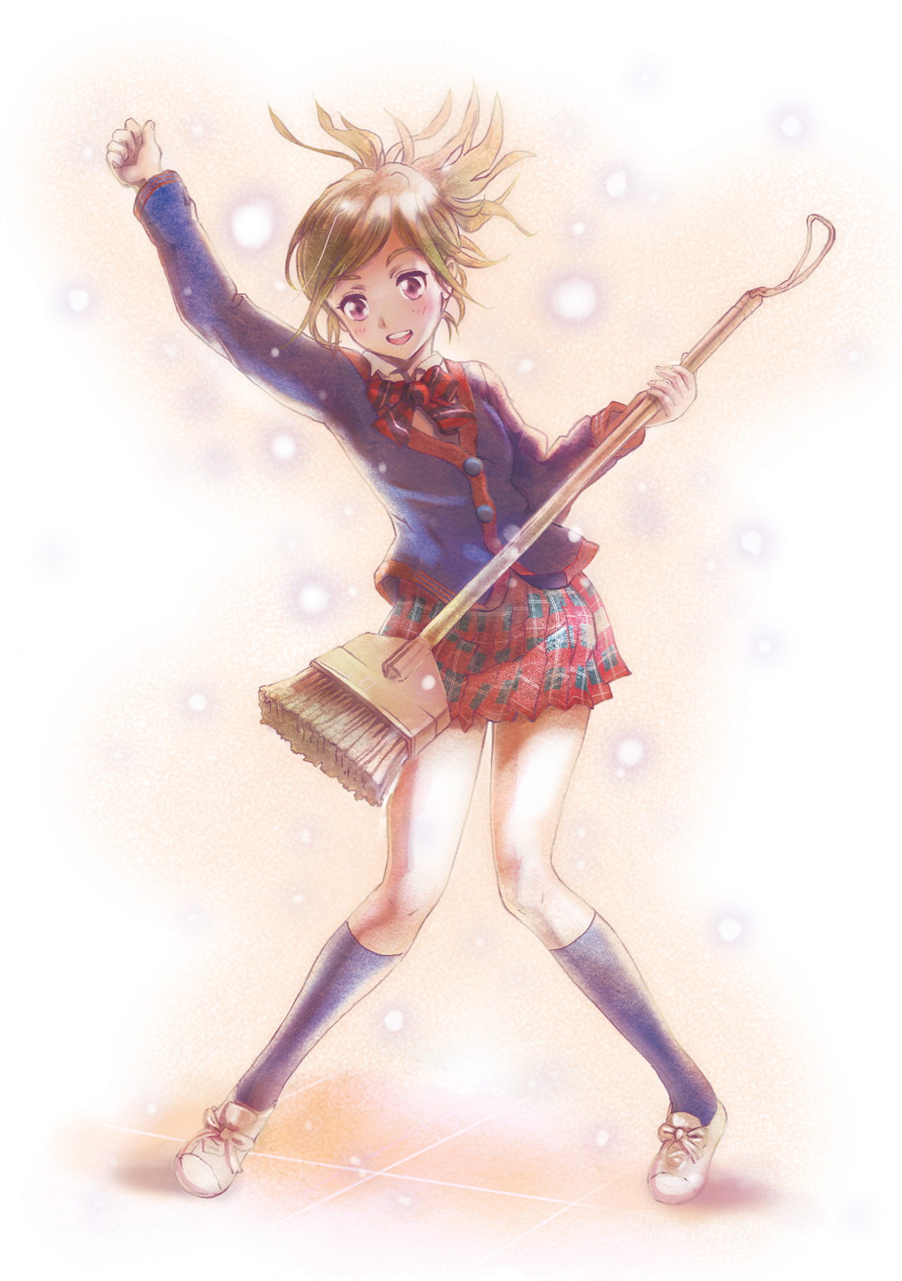 geronimo soul, original, highres, 1girl, blonde hair, bow, broom, brown hair, female focus, full body, gradient background, pink eyes, plaid clothes, plaid skirt, school uniform, skirt, solo