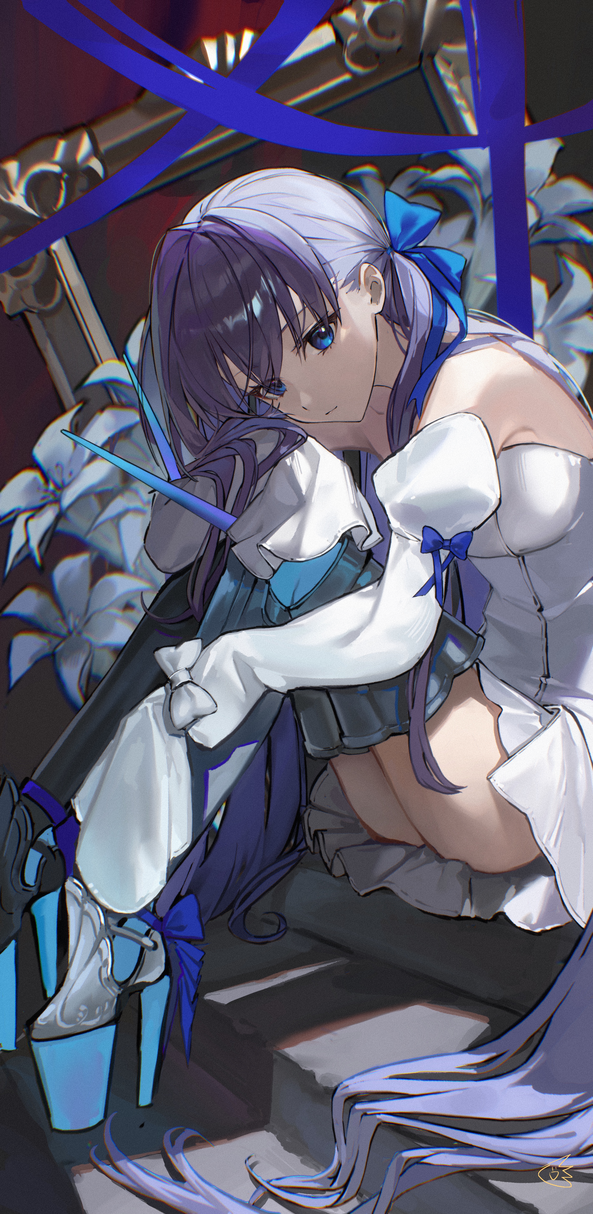 jiajiayu, meltryllis (fate), fate/grand order, fate (series), absurdres, commentary request, highres, 1girl, blue eyes, breasts, detached sleeves, dress, empty picture frame, hair ribbon, long hair, picture frame, purple hair, ribbon, sitting, sitting on stairs, sleeves past fingers, sleeves past wrists, small breasts, stairs, white dress