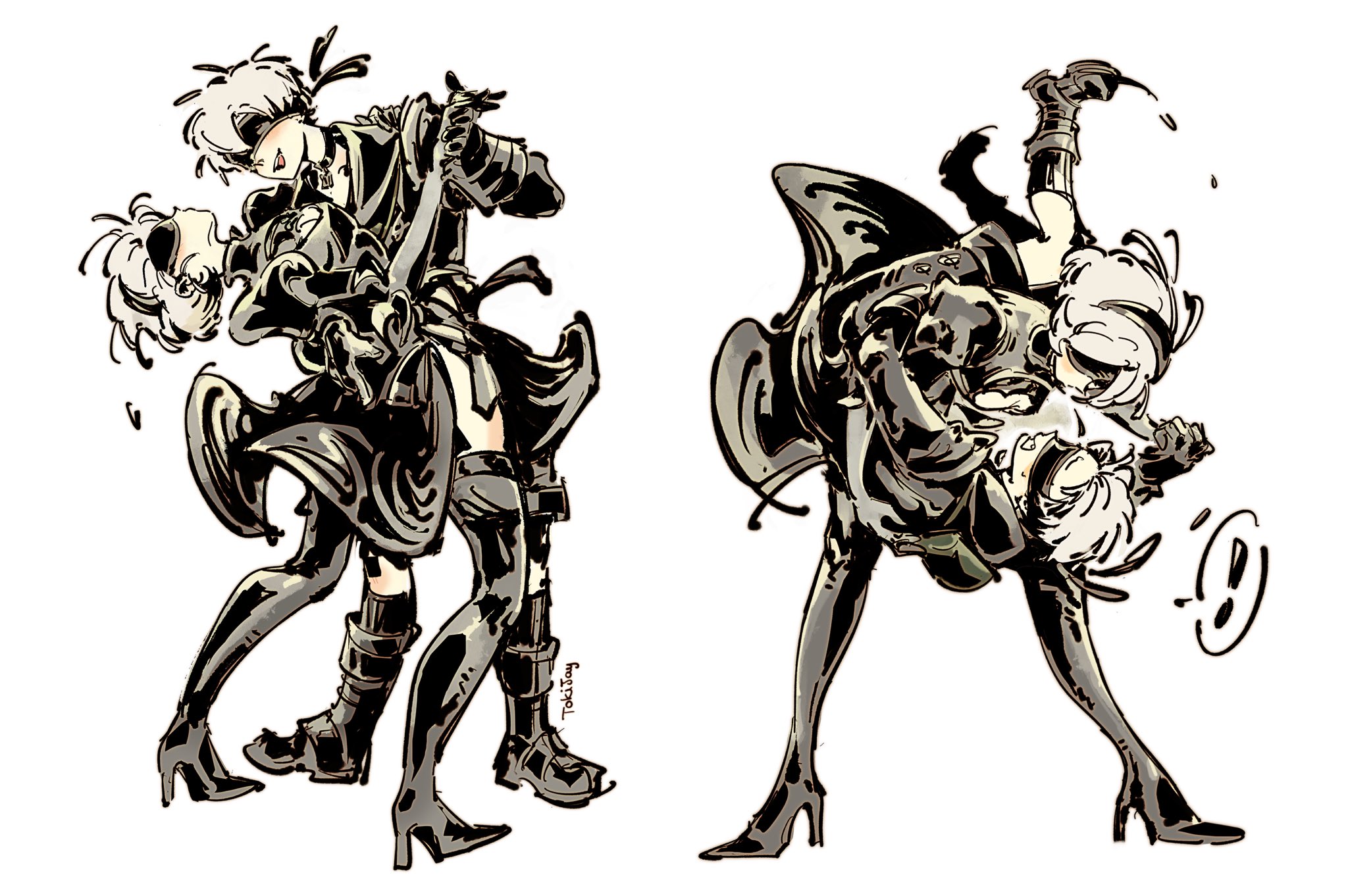 tokiijayy, 2b (nier:automata), 9s (nier:automata), nier:automata, nier (series), highres, !, 1boy, 1girl, black boots, black choker, black dress, black gloves, black hairband, black jacket, black shorts, black socks, black visor, blindfold, boots, breasts, choker, cleavage, cleavage cutout, clothing cutout, couple, dancing, dip (dance move), dress, full body, gloves, grey hair, hair between eyes, hairband, hetero, holding hands, jacket, juliet sleeves, long sleeves, medium breasts, open mouth, pendant choker, puffy sleeves, short hair, shorts, side slit, smile, socks, spoken exclamation mark, thigh boots, turtleneck, turtleneck dress, white background