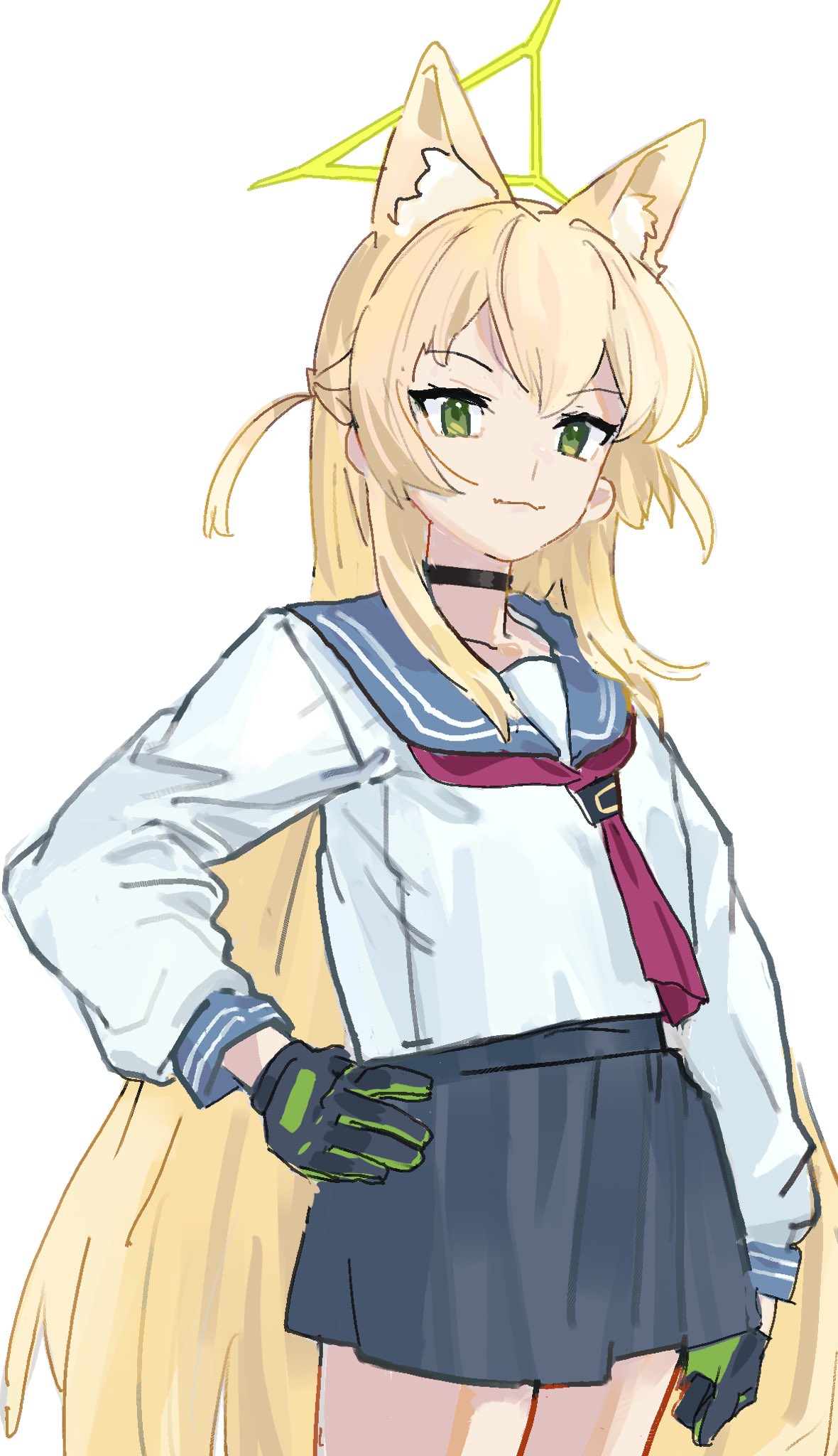 qyuandee3, kurumi (blue archive), blue archive, twitter, 1girl, animal ears, blonde hair, fox ears, looking at viewer, school uniform, solo