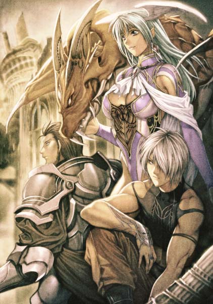 homare (fool's art), bad id, bad pixiv id, source request, 1girl, 2boys, armor, blonde hair, brown hair, dragon, fantasy, green hair, head wings, multiple boys, purple eyes, wings